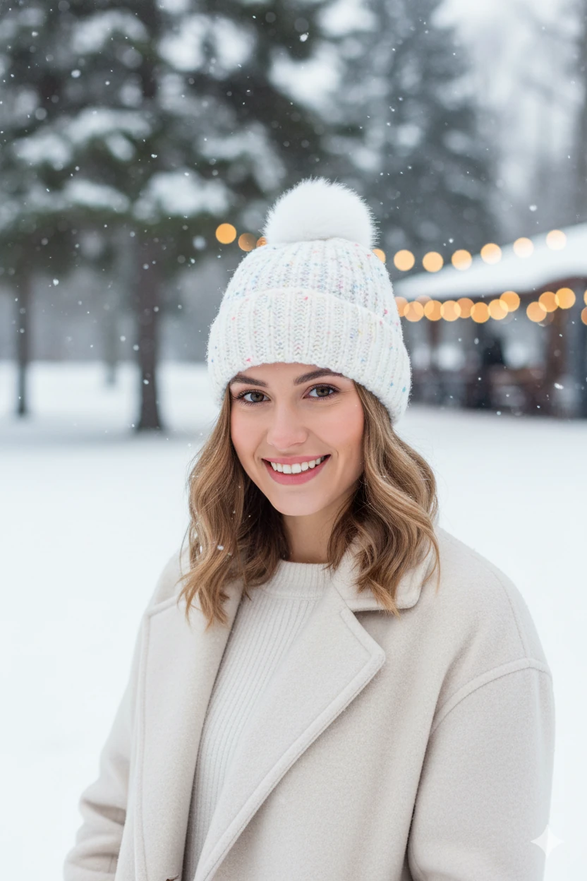 Ponponlu Örgü Yün Bere İçi Polarlı - Beyaz