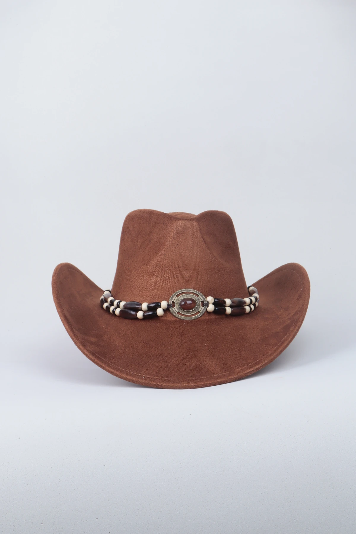 Kovboy Deri Kemer Detaylı Taş Figürlü Fötr Şapka - Kahve
