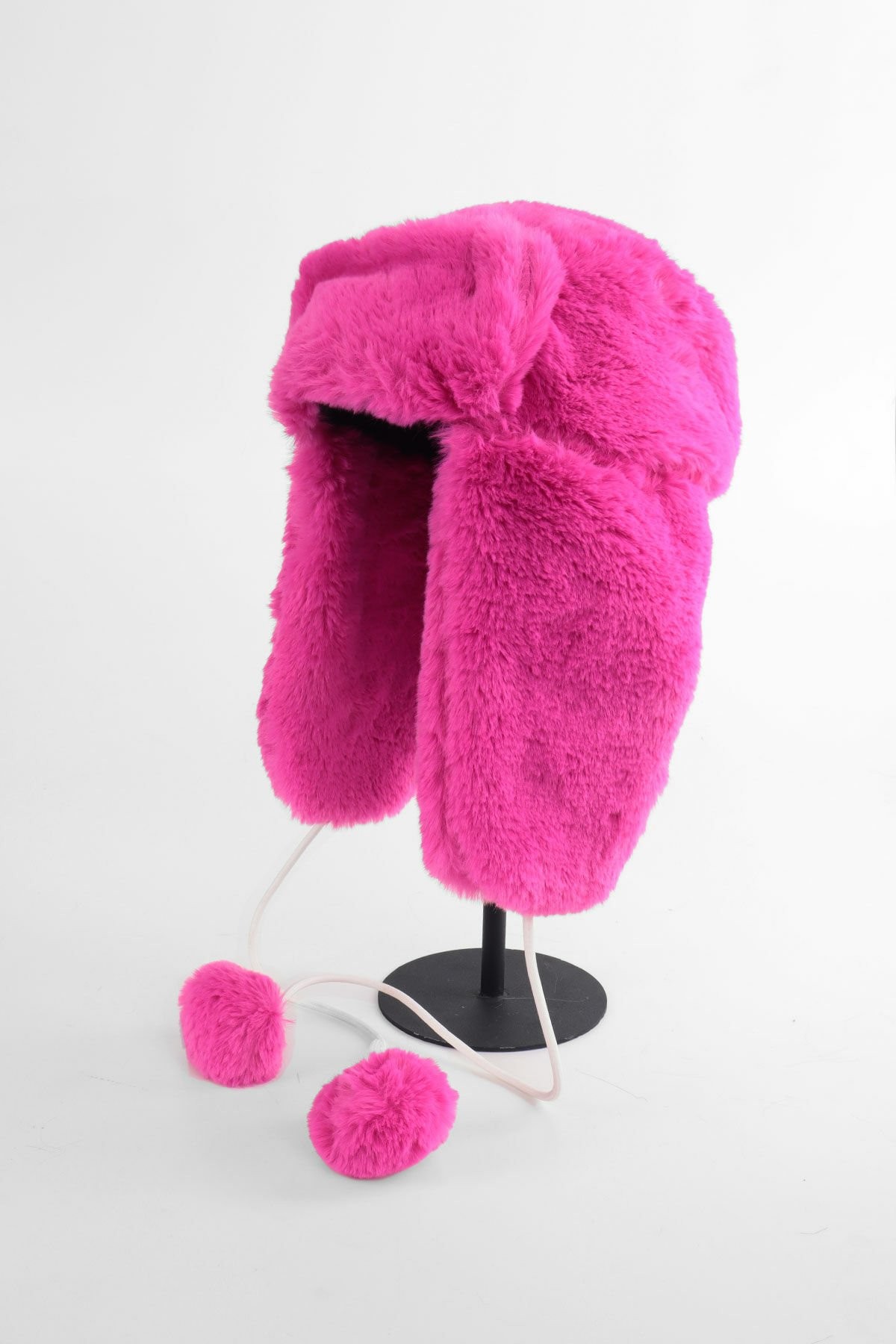 Suni Kürk Pembe Peluş Şapka - Kulaklı Pliot Şapka