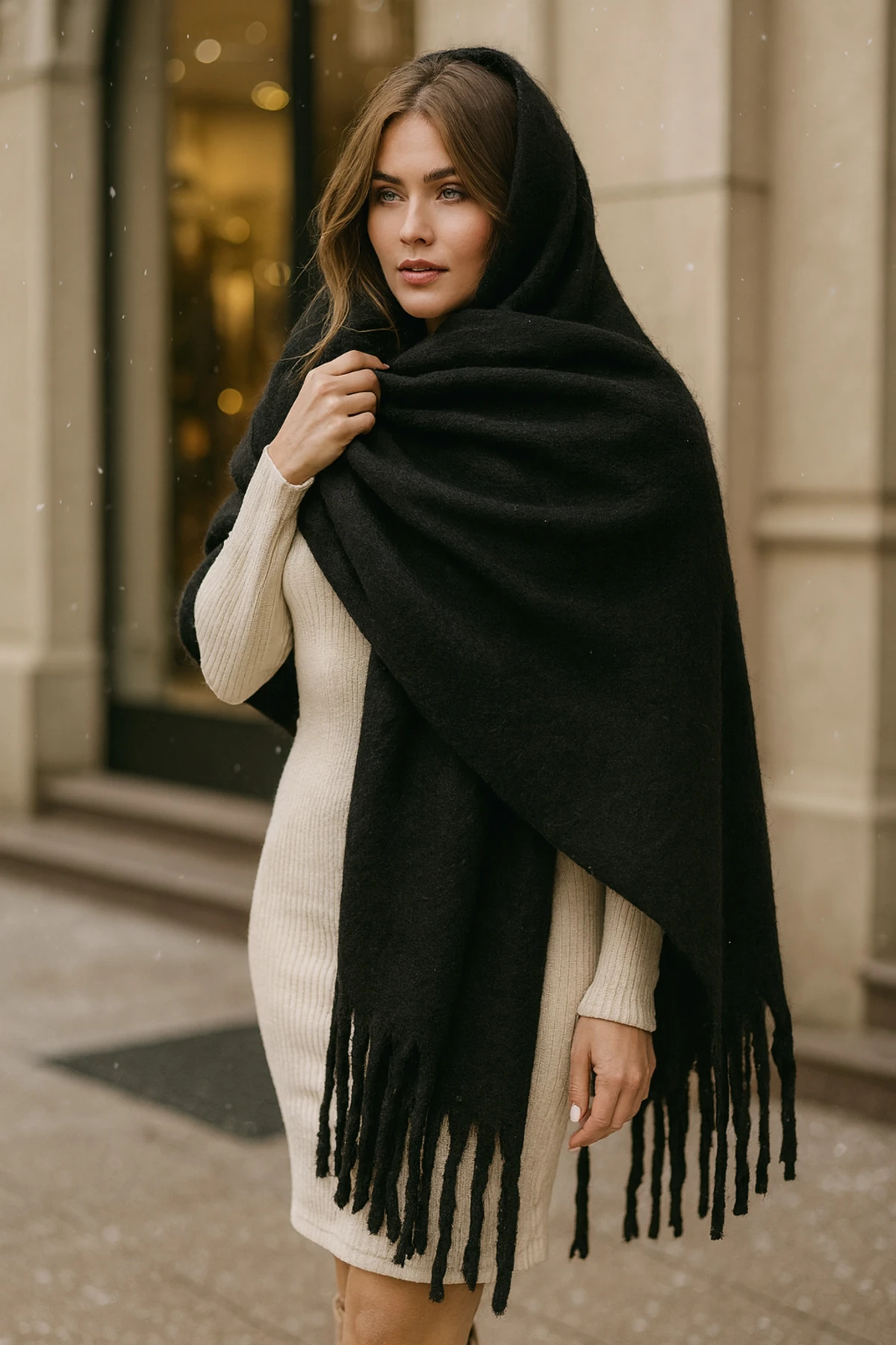 Kadın Siyah Atkı Şal – Yumuşak Dokulu, Kışlık Sıcak Tutan Şal