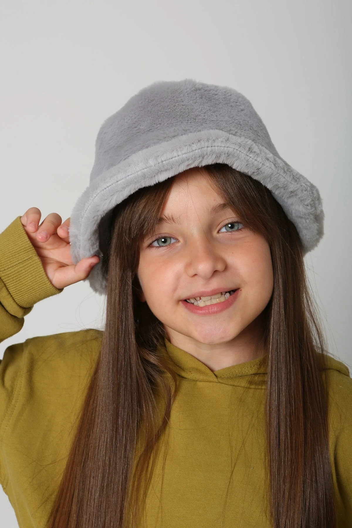 Çocuk Kürk Peluş Kova Bucket Yuvarlak Şapka - Gri