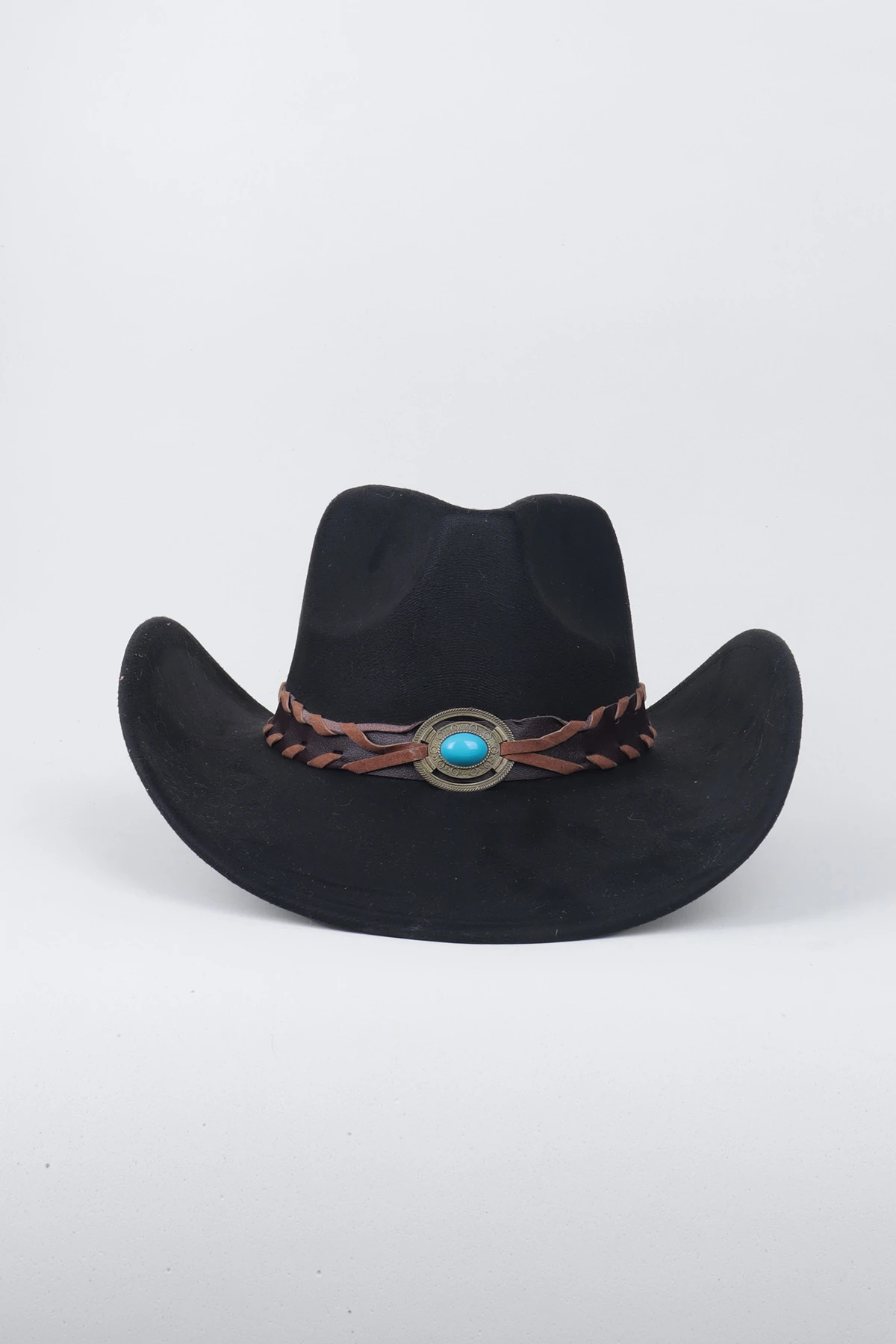 Kovboy Boncuk Kemer Detaylı Taş Figürlü Fötr Şapka - Siyah