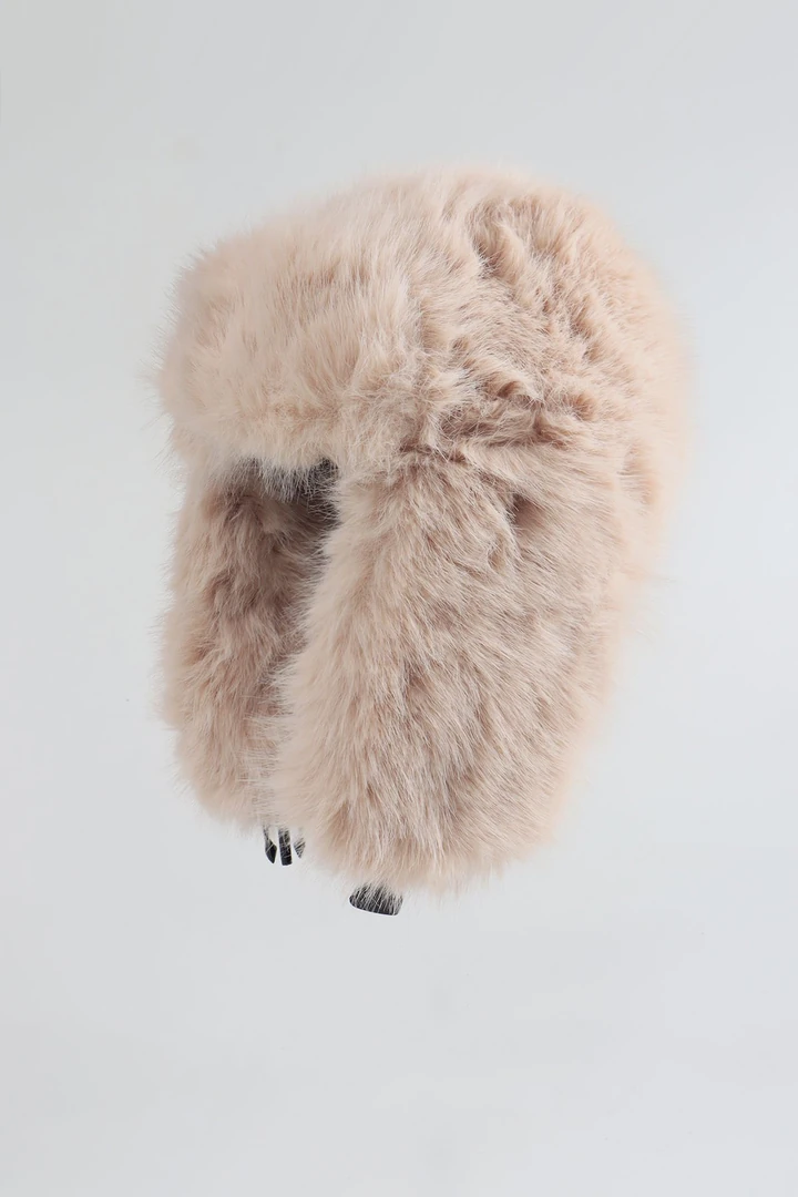 Kürk Peluş Kulaklı Pilot Şapka Ekstra Yumuşak - Bej