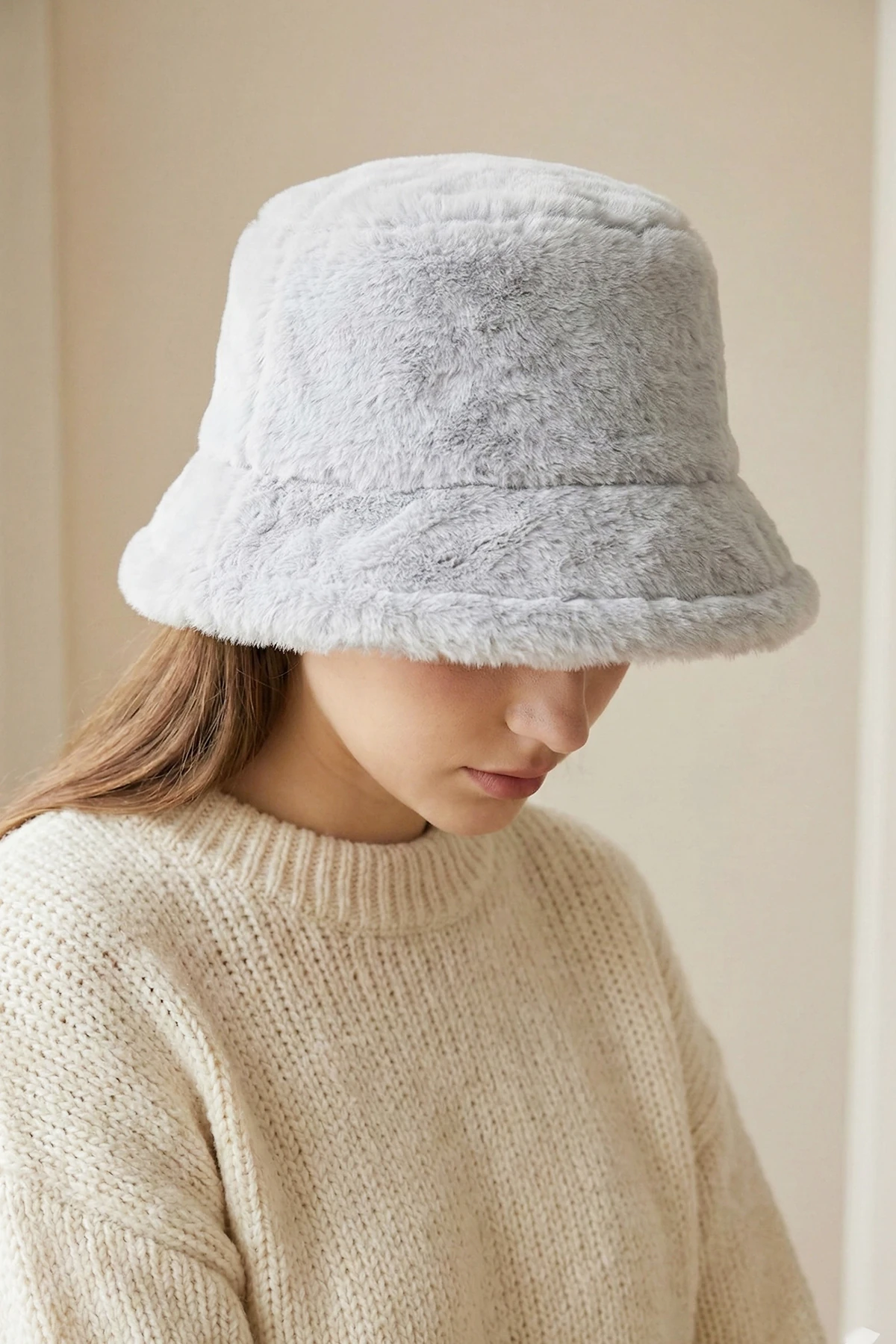 Gri Peluş Bucket Kova Şapka