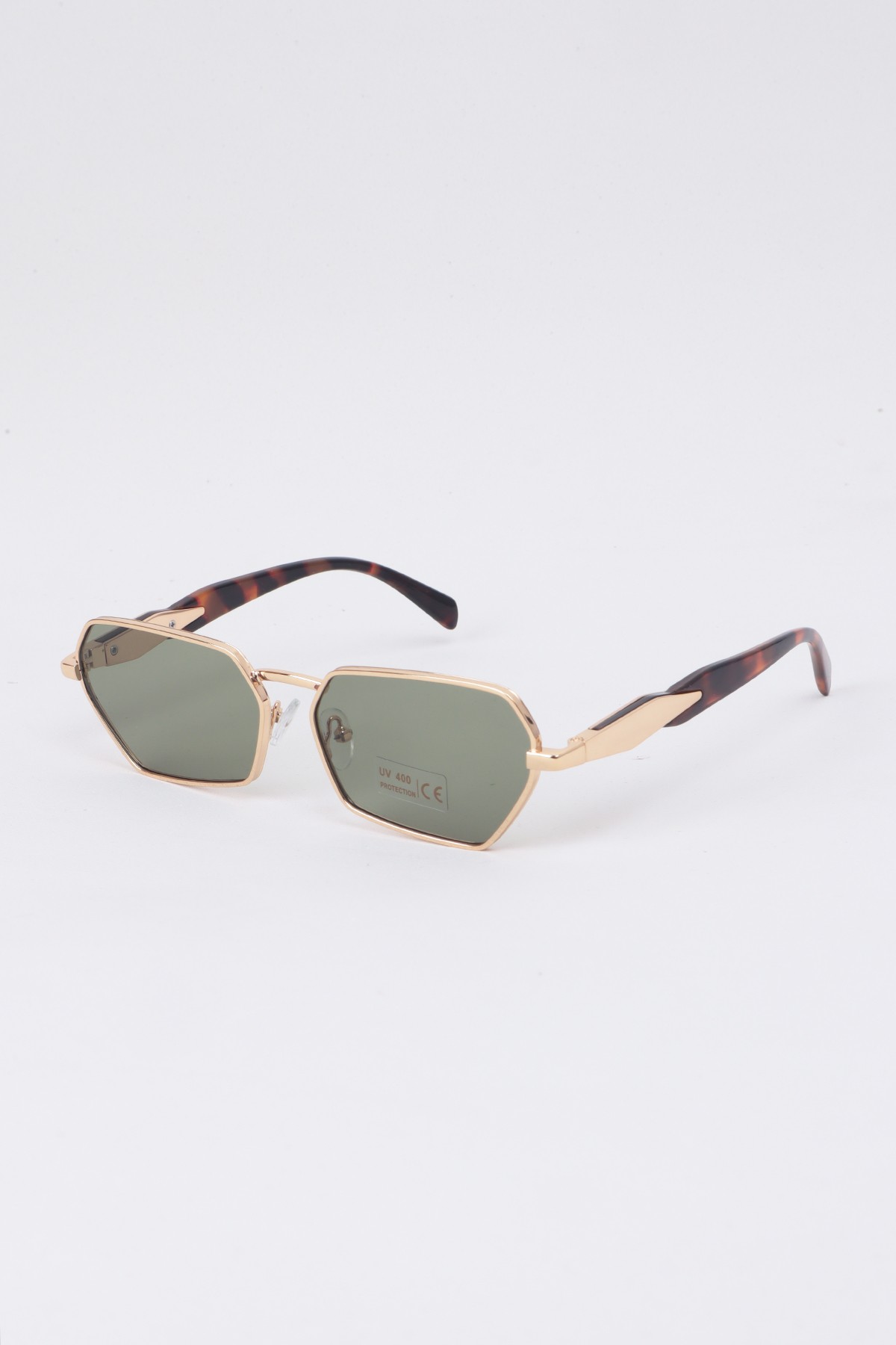 Metal Geometrik Çerçeve Unisex Güneş Gözlüğü - Gold Çerçeve Yeşil Cam