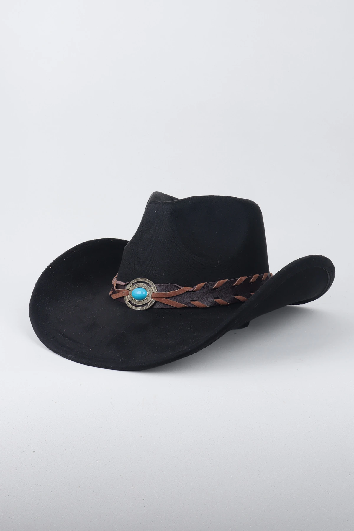 Kovboy Boncuk Kemer Detaylı Taş Figürlü Fötr Şapka - Siyah