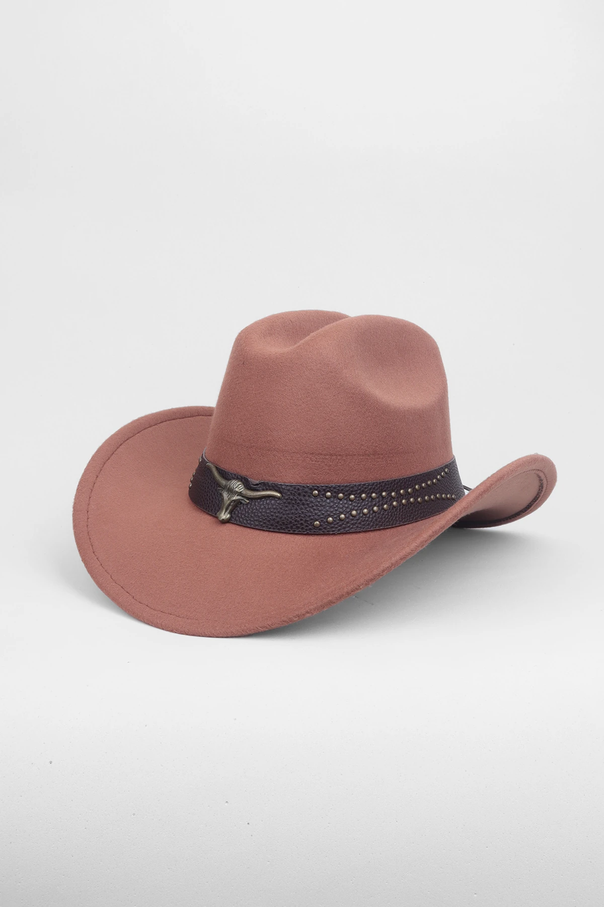 Kovboy Deri Detaylı Boğa Figürlü Fötr Şapka - Camel