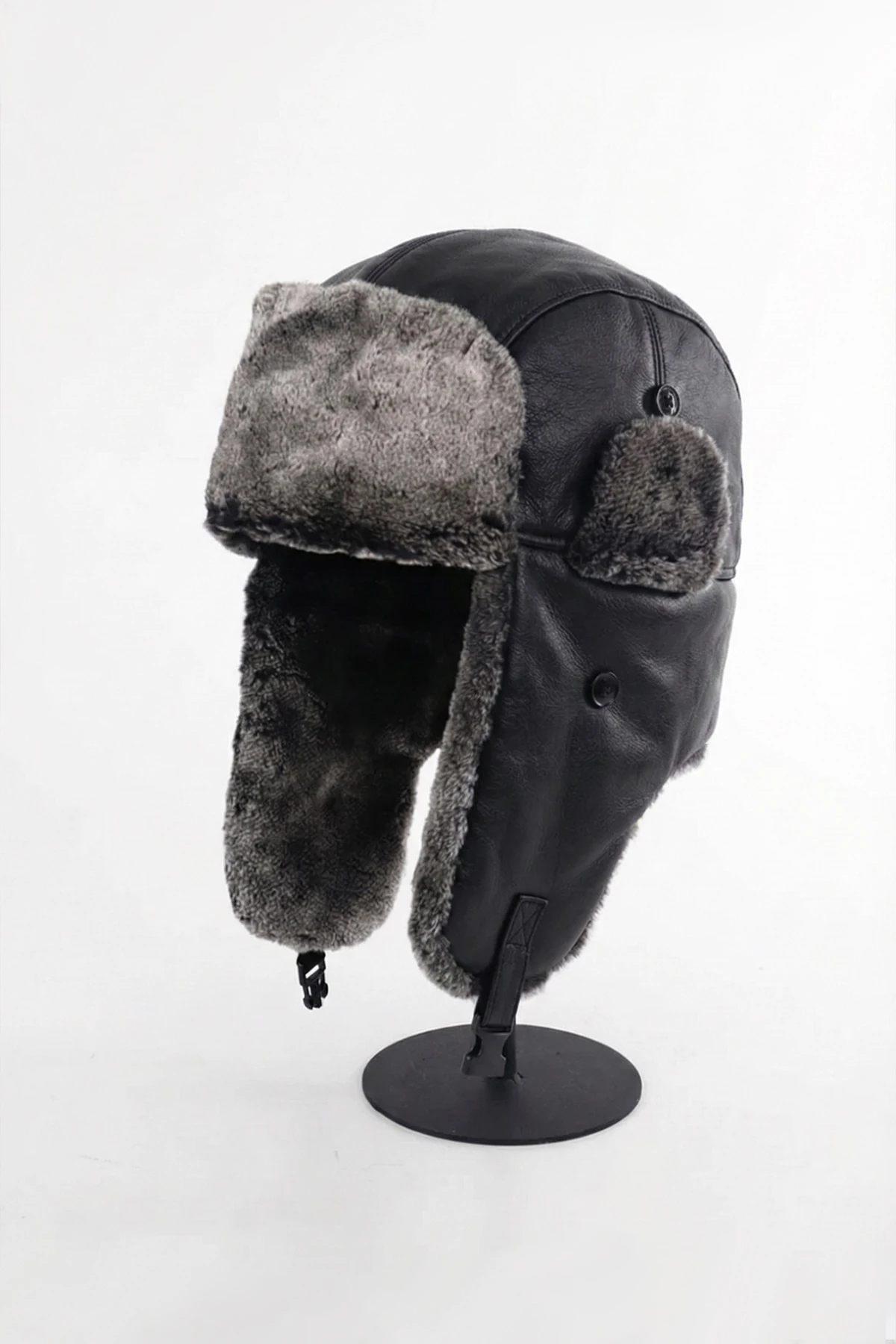 Kürklü Kulaklı Siyah Deri Pilot Şapka