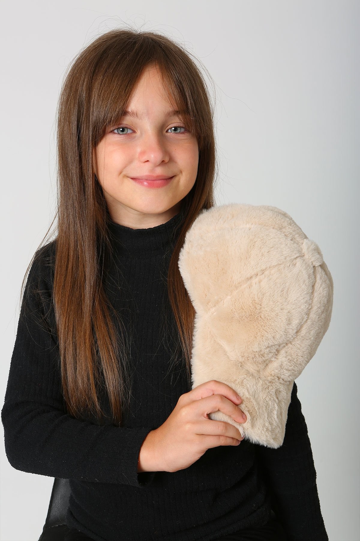 Çocuk Kürk Peluş Baseball Cap Şapka - Bej