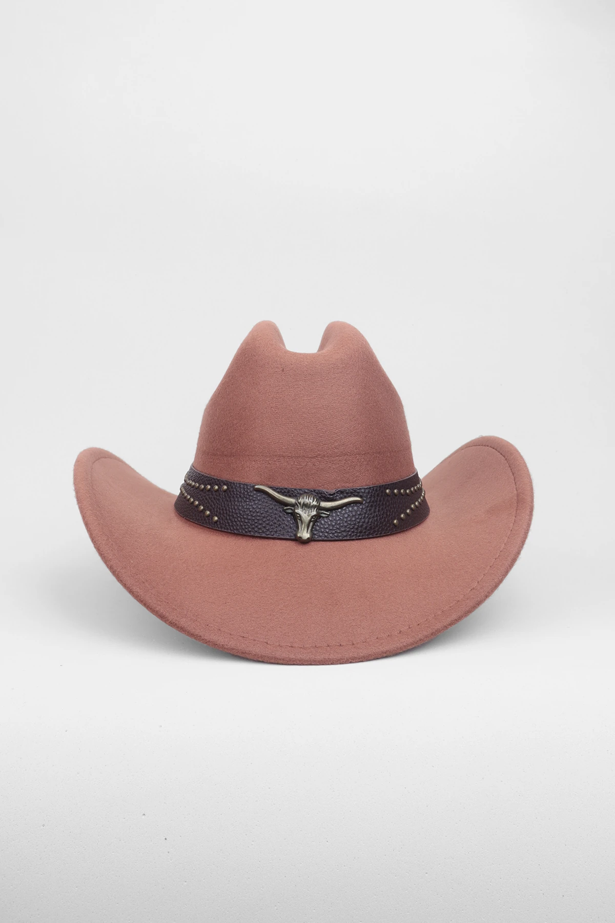 Kovboy Deri Detaylı Boğa Figürlü Fötr Şapka - Camel