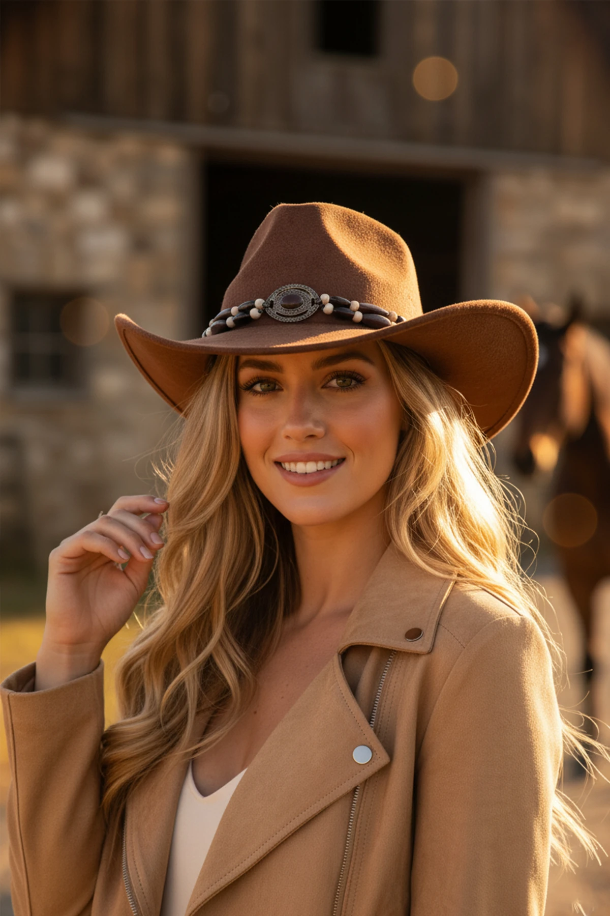 Kovboy Deri Kemer Detaylı Taş Figürlü Fötr Şapka - Kahve