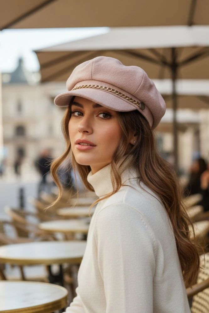 Zincir Detaylı Kaşe Kadın Balon Kasket Şapka - Vizon