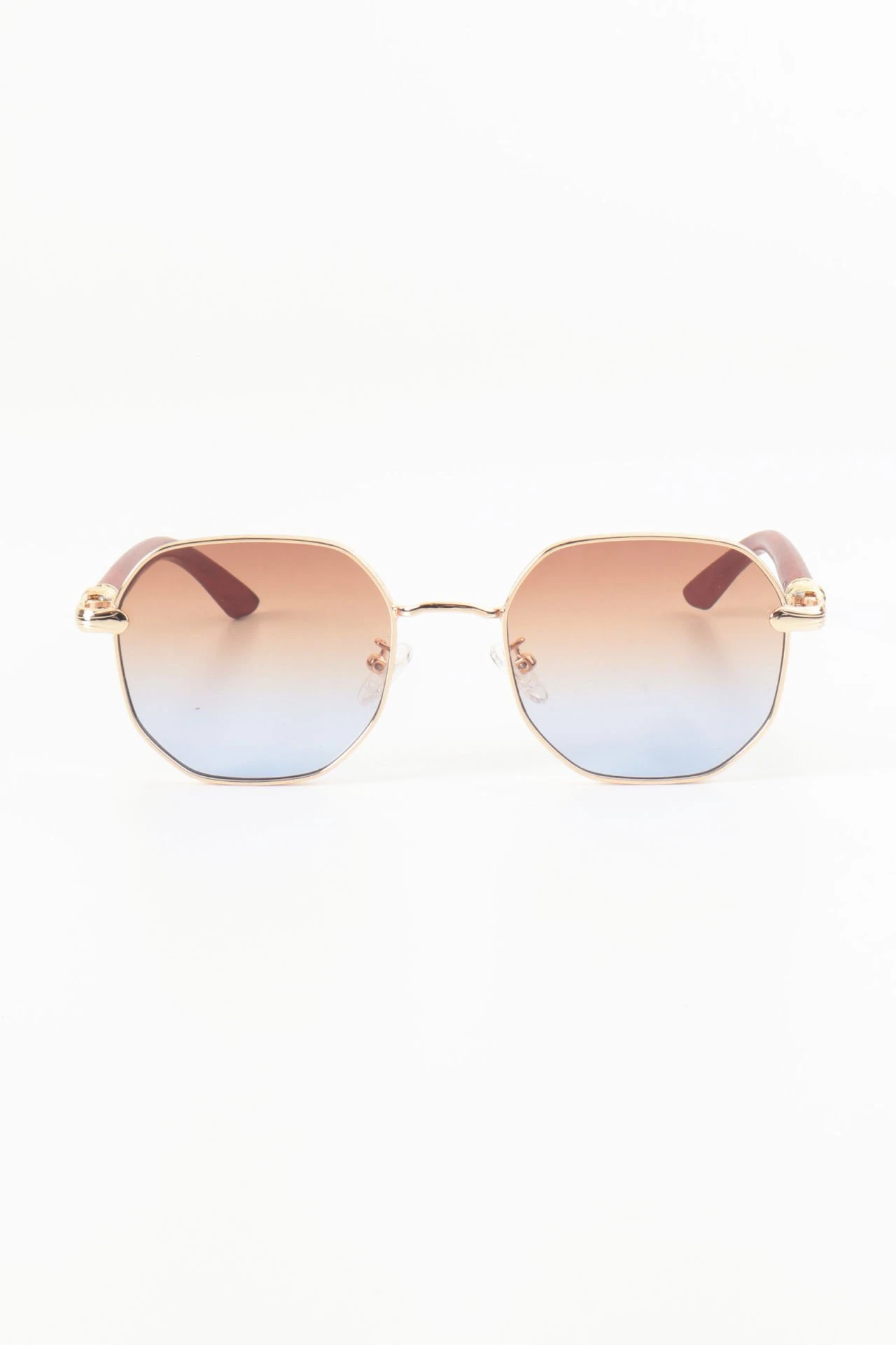 Ahşap Sap Detaylı Altıgen Güneş Gözlüğü - Kahverengi Mavi