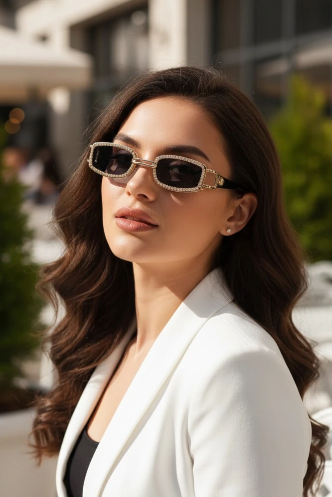 Kristal Taşlı Minimal Güneş Gözlüğü - Siyah