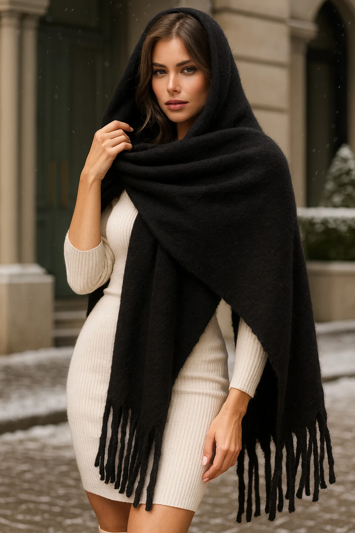 Kadın Siyah Atkı Şal – Yumuşak Dokulu, Kışlık Sıcak Tutan Şal
