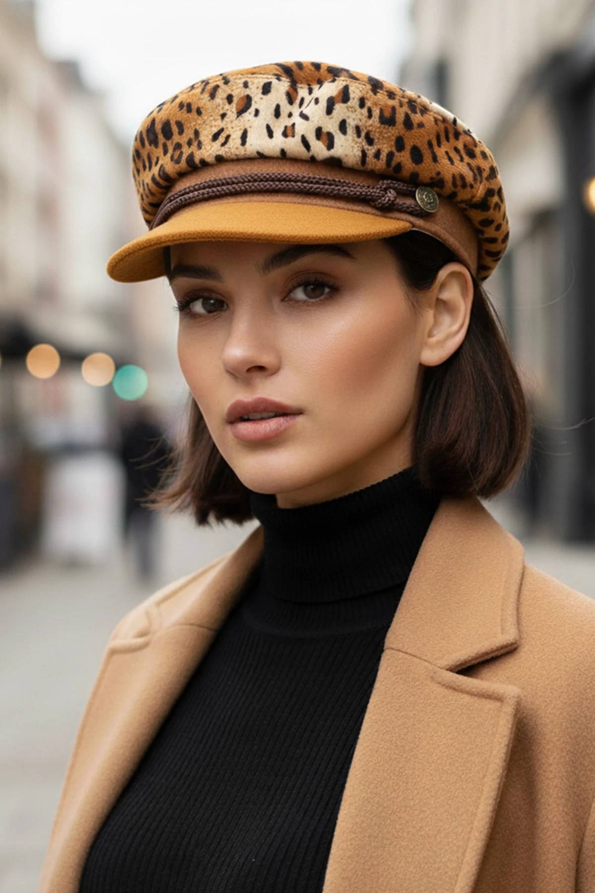 Leopar Desenli Kasket Kaptan Kadın Şapka