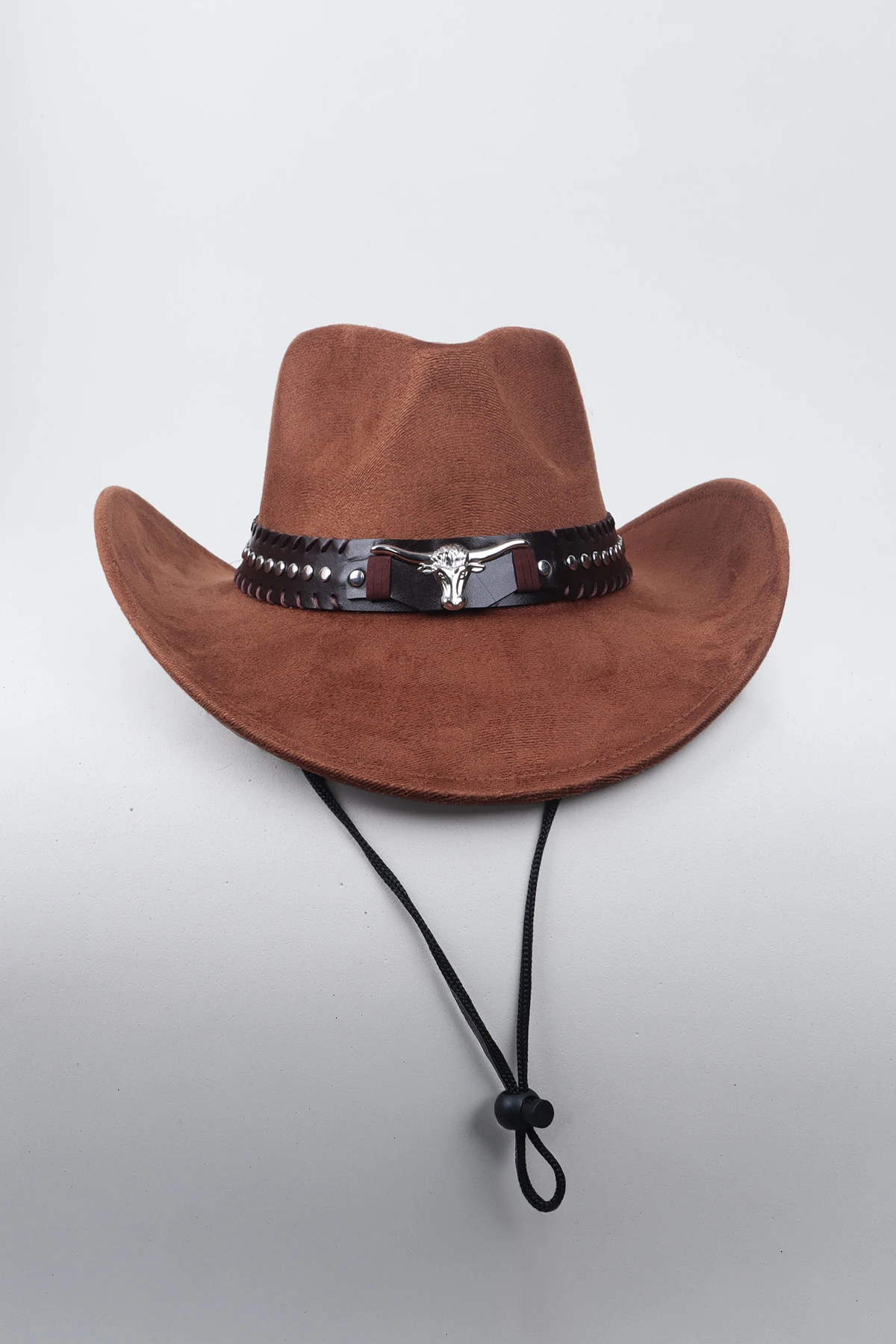 Kovboy Boğa Kemer Detaylı Taş Figürlü Fötr Şapka - Kahve