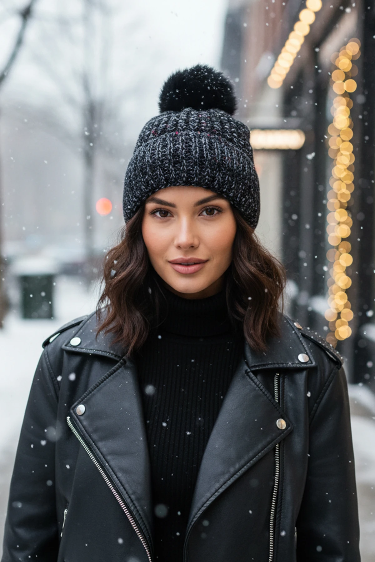 Ponponlu Örgü Yün Bere İçi Polarlı - Füme