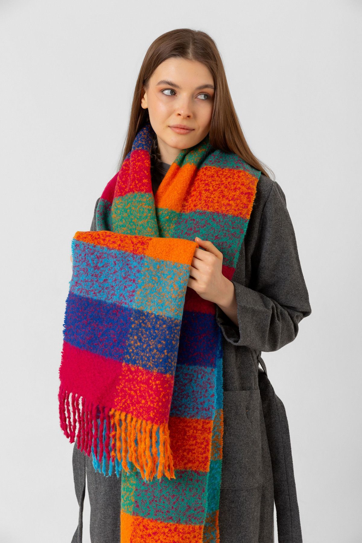 Turuncu Kare Desenli Püsküllü Kalın Sıcak Tutan Şık Kışlık Atkı Sal1292