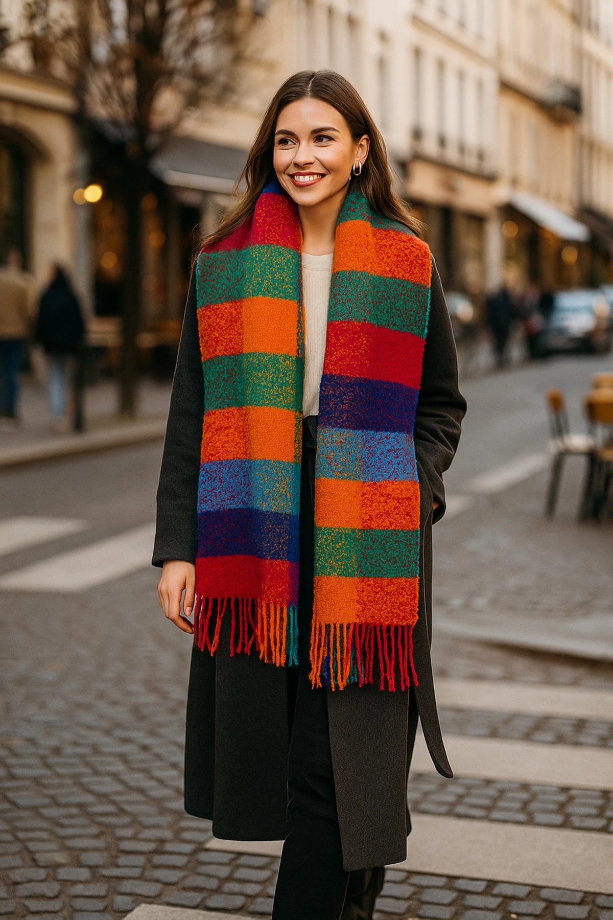 Turuncu Kare Desenli Püsküllü Kalın Sıcak Tutan Şık Kışlık Atkı Sal1292