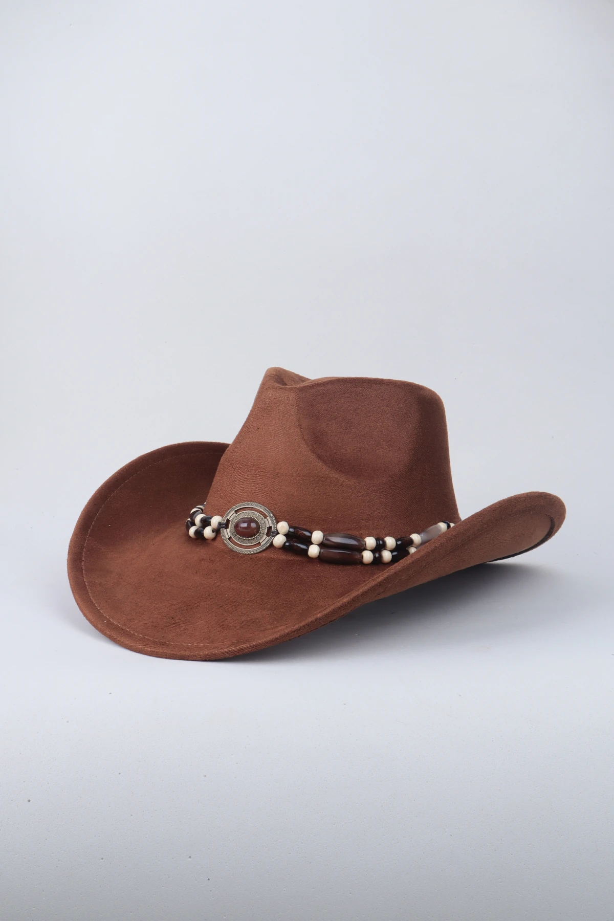 Kovboy Deri Kemer Detaylı Taş Figürlü Fötr Şapka - Kahve