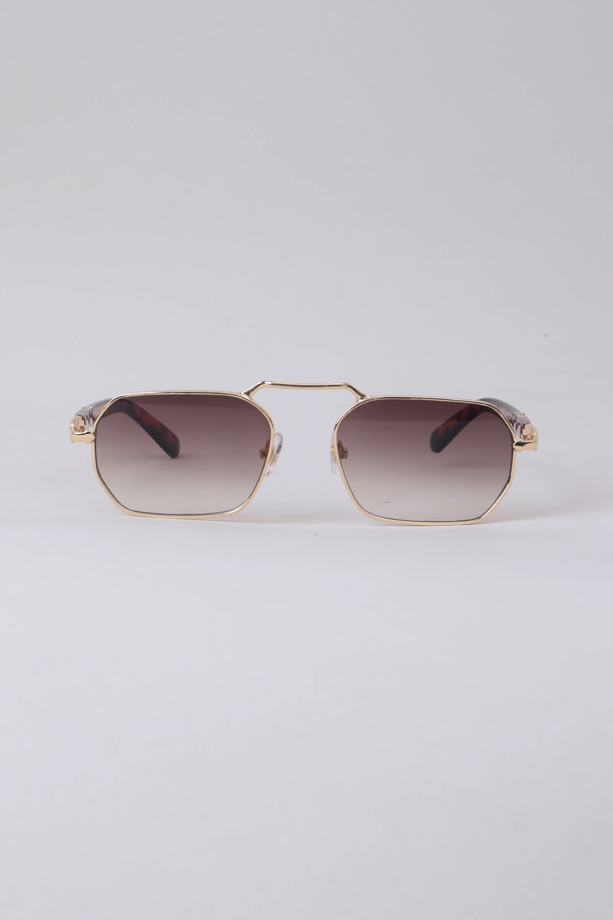 Eşref Tek Metal Detaylı Dikdörtgen Unisex Güneş Gözlüğü - Gold Çerçeve Kahverengi Degrade Cam