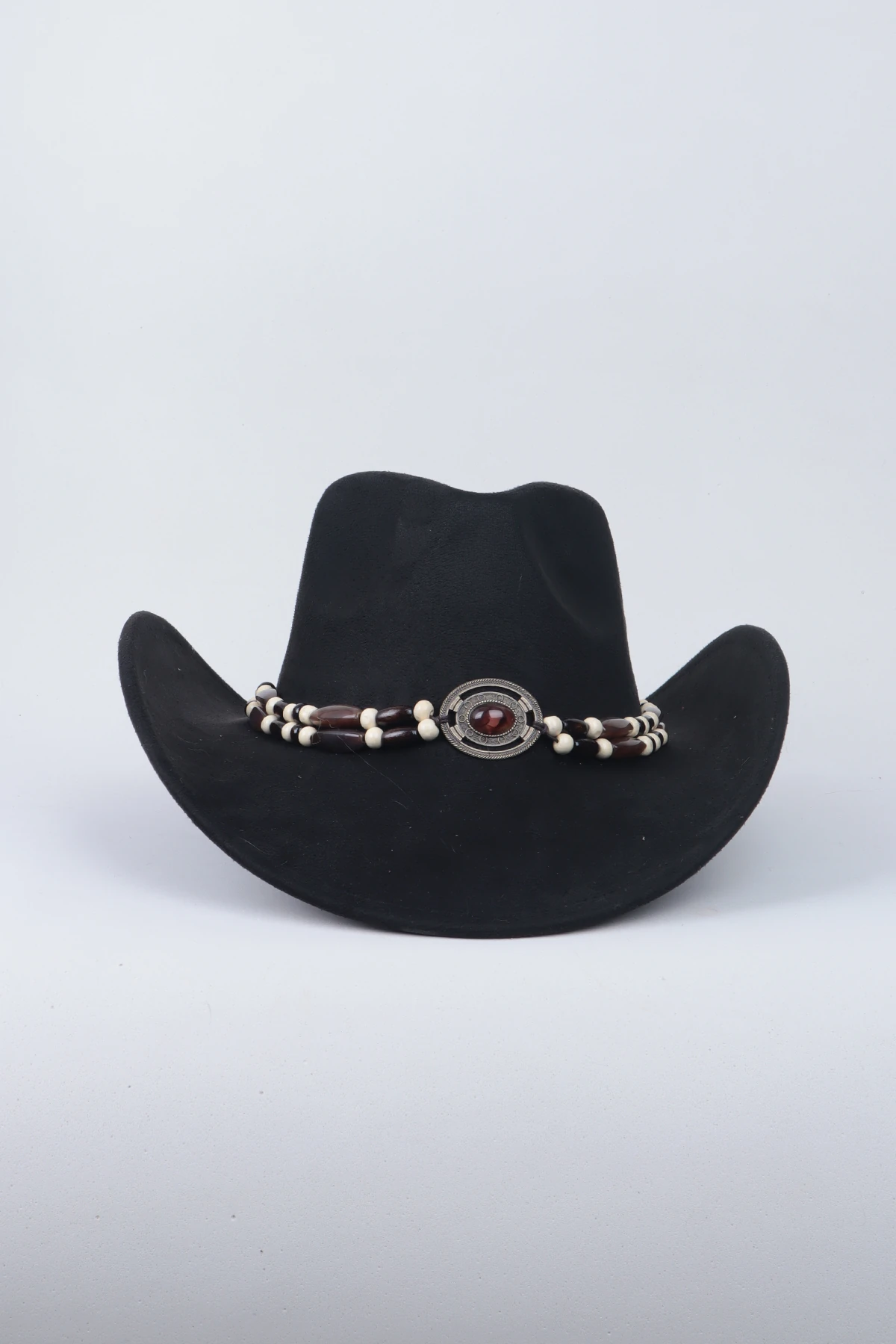 Kovboy Deri Kemer Detaylı Taş Figürlü Fötr Şapka - Siyah