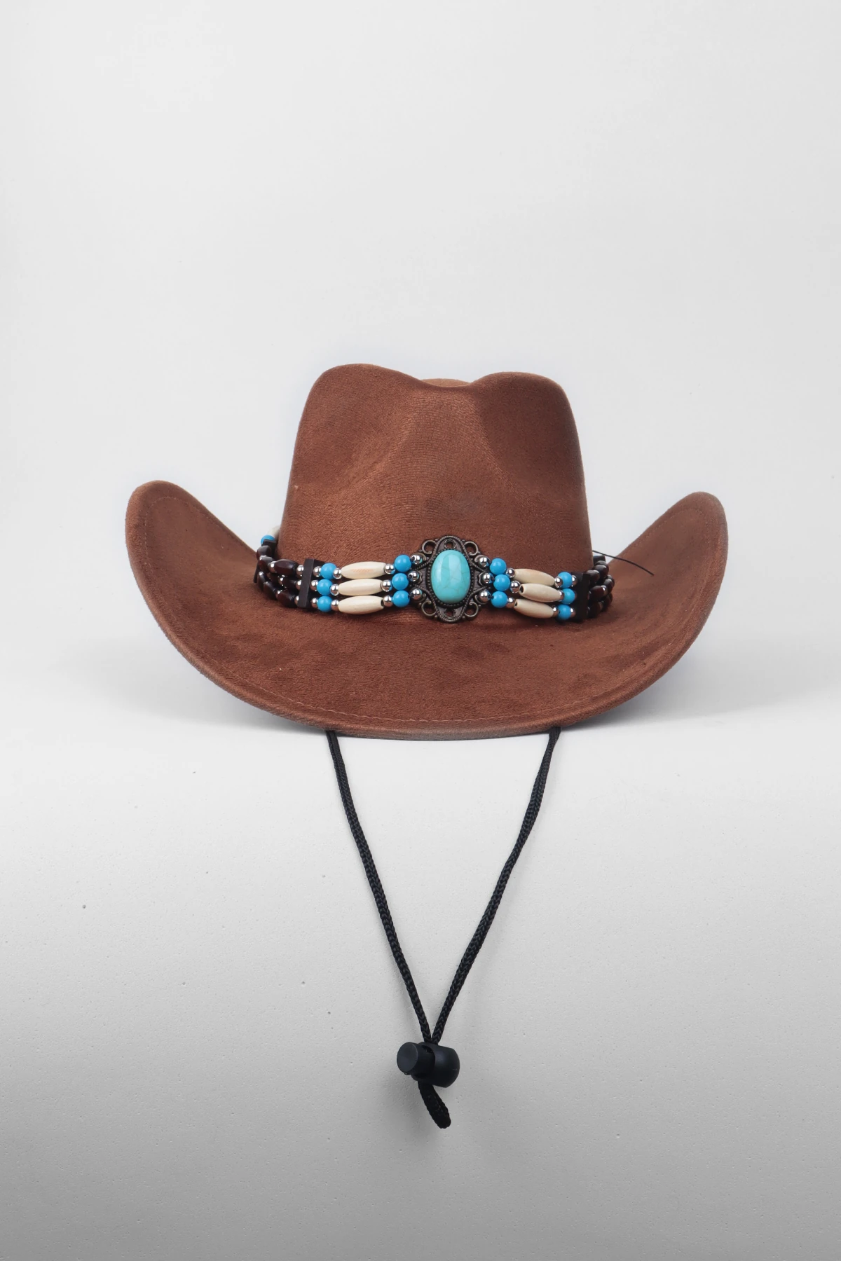 Kovboy Boncuk Kemer Detaylı Taş Figürlü Fötr Şapka - Kahve