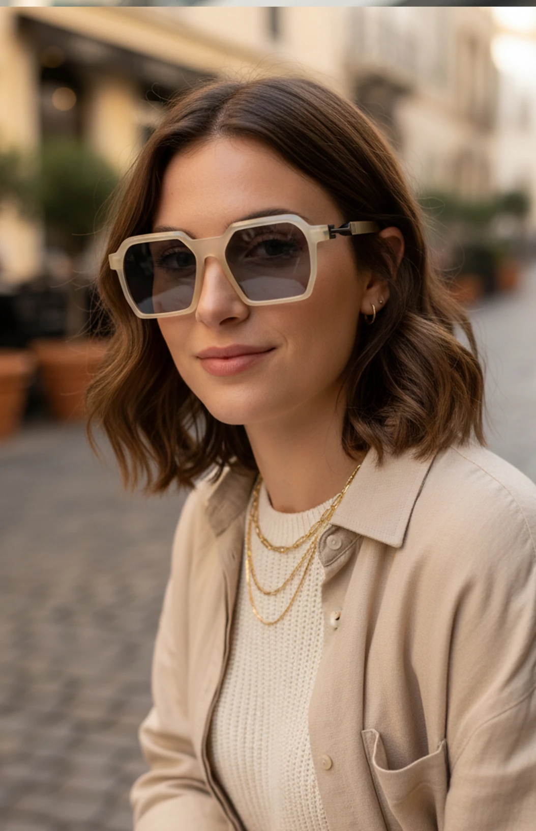 Hein Mat Siyah Geometrik Güneş Gözlüğü - Bej Gri