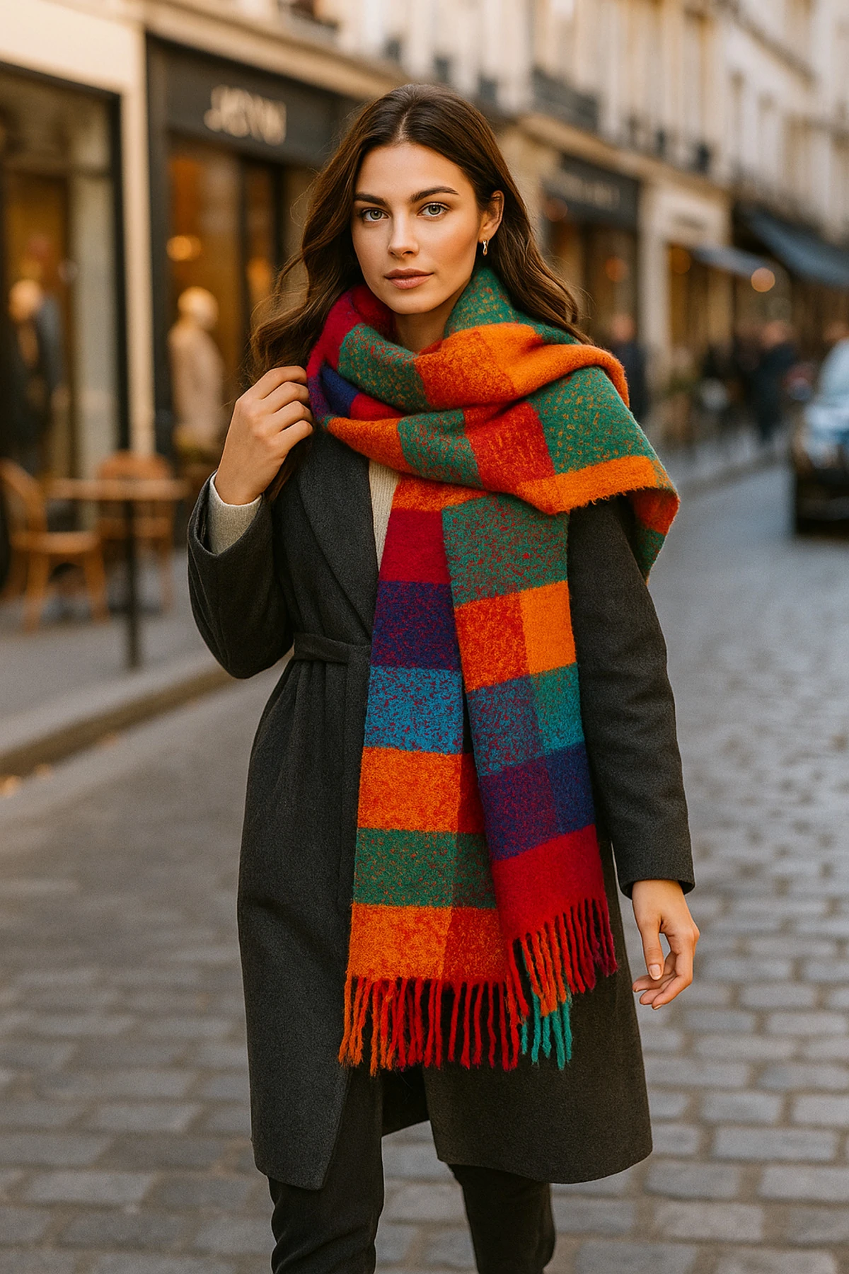 Turuncu Kare Desenli Püsküllü Kalın Sıcak Tutan Şık Kışlık Atkı Sal1292