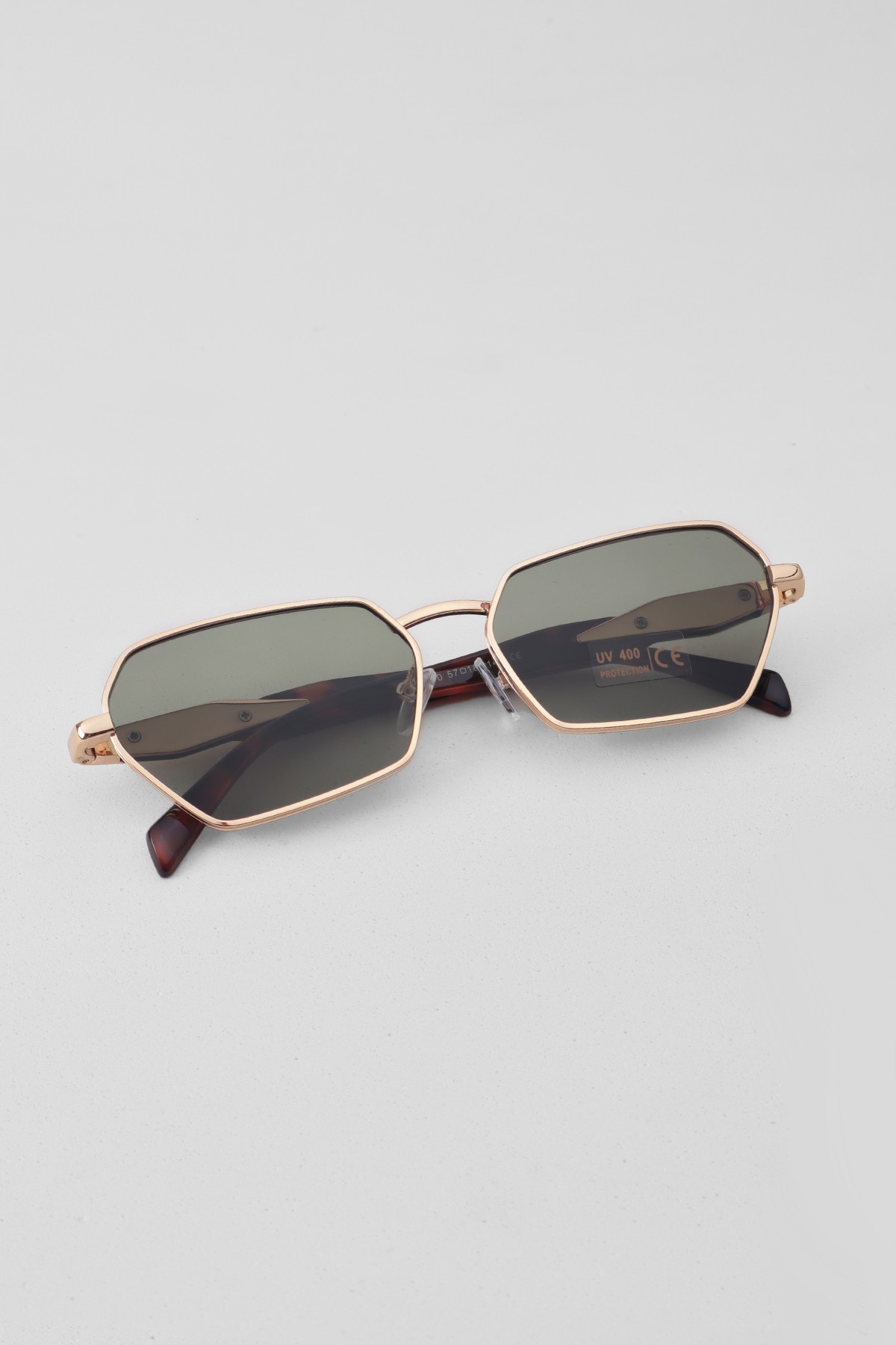 Metal Geometrik Çerçeve Unisex Güneş Gözlüğü - Gold Çerçeve Yeşil Cam