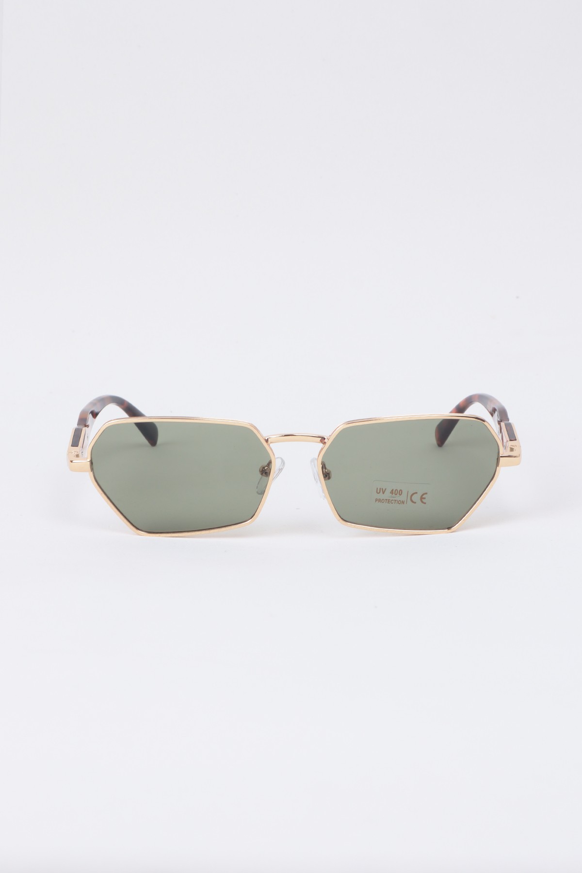 Metal Geometrik Çerçeve Unisex Güneş Gözlüğü - Gold Çerçeve Yeşil Cam