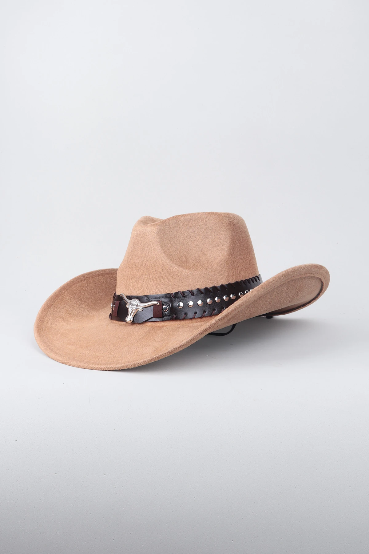 Kovboy Boğa Kemer Detaylı Taş Figürlü Fötr Şapka - Bej