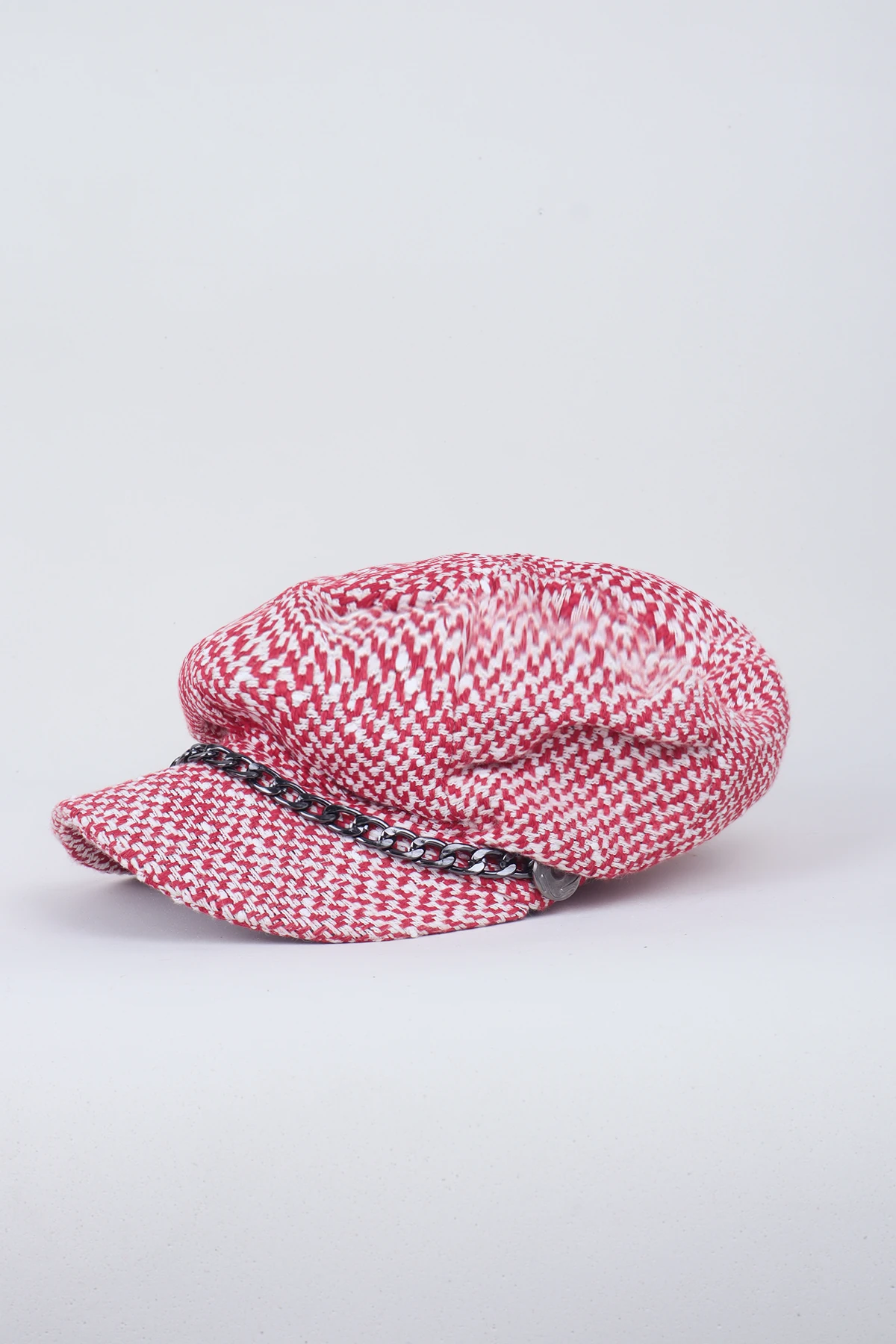 Zincir Detaylı Kaşe Kadın Balon Kasket Şapka - Kırmızı Kaz Ayağı