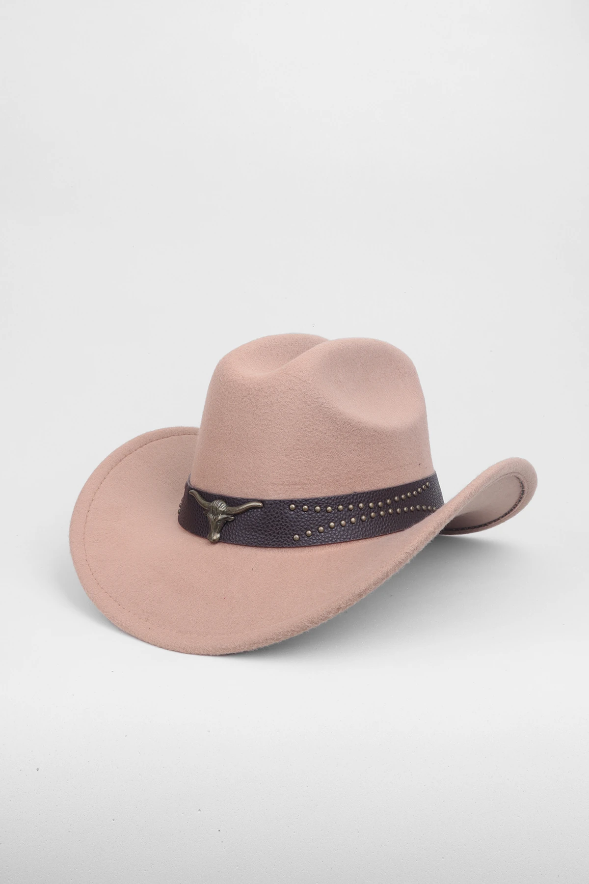 Kovboy Deri Detaylı Boğa Figürlü Fötr Şapka - Vizon