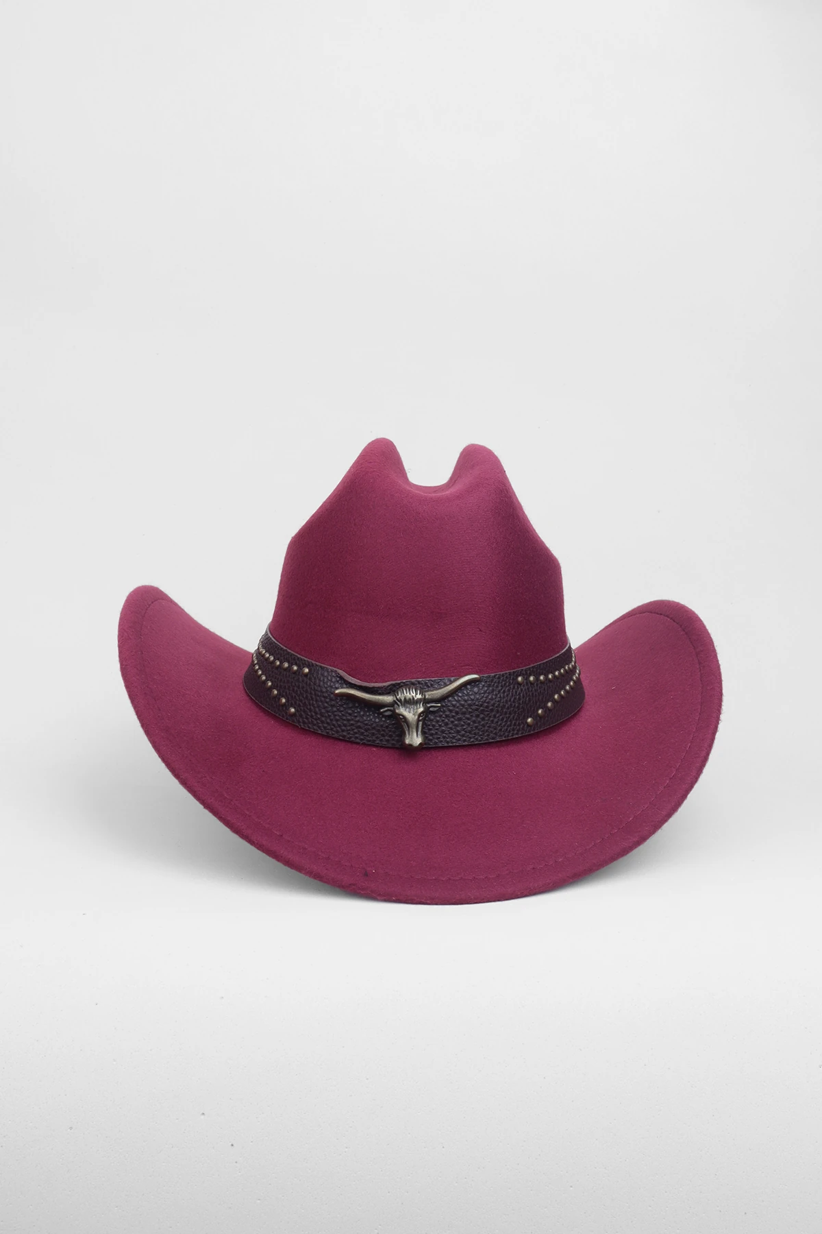 Kovboy Deri Detaylı Boğa Figürlü Fötr Şapka - Bordo