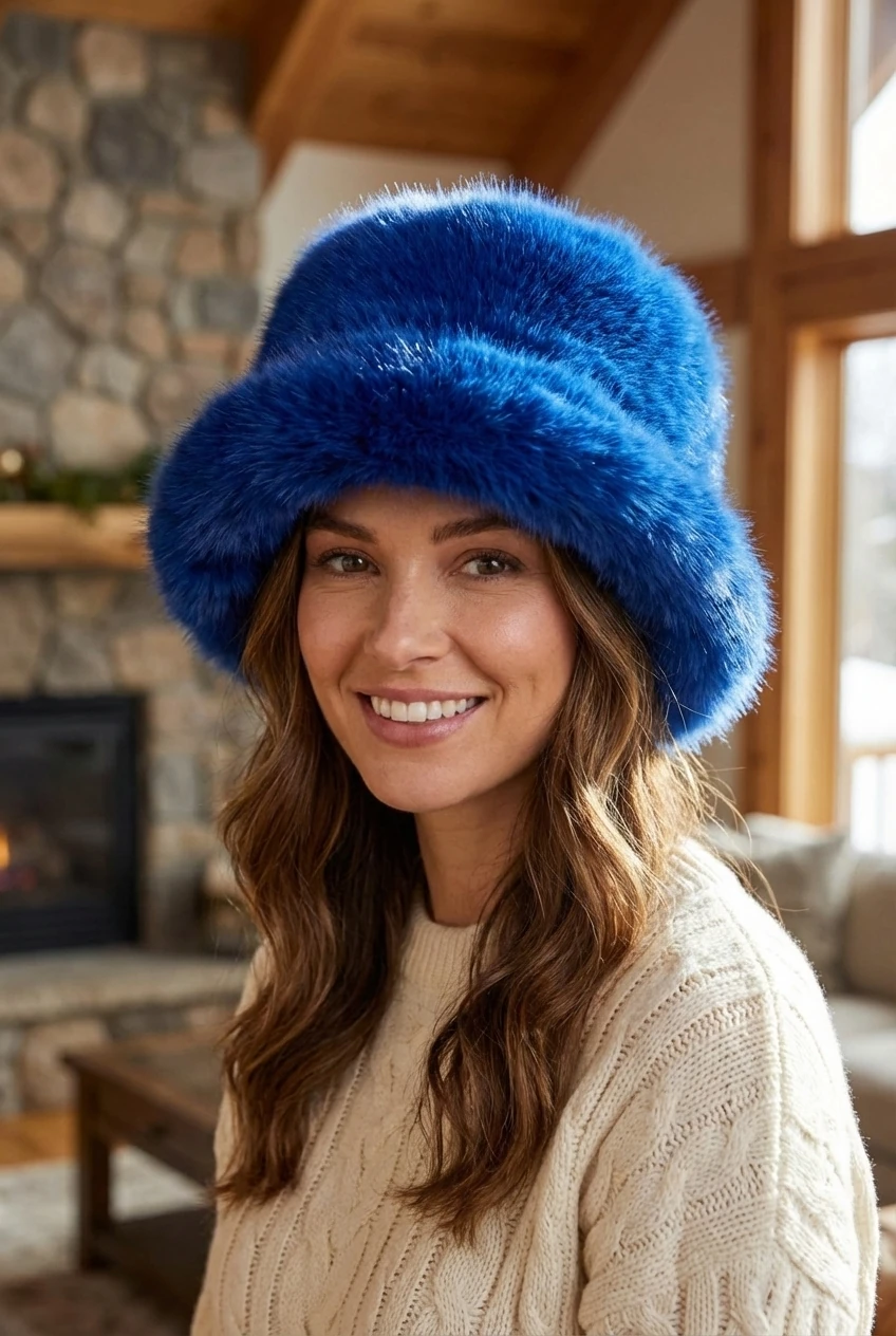 Saks Mavisi Suni Kürk Peluş Kalpak Şapka