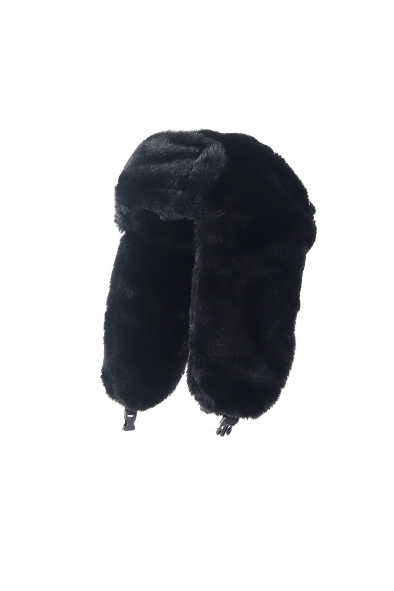 Suni Kürk Peluş Kulaklı Şapka - Siyah
