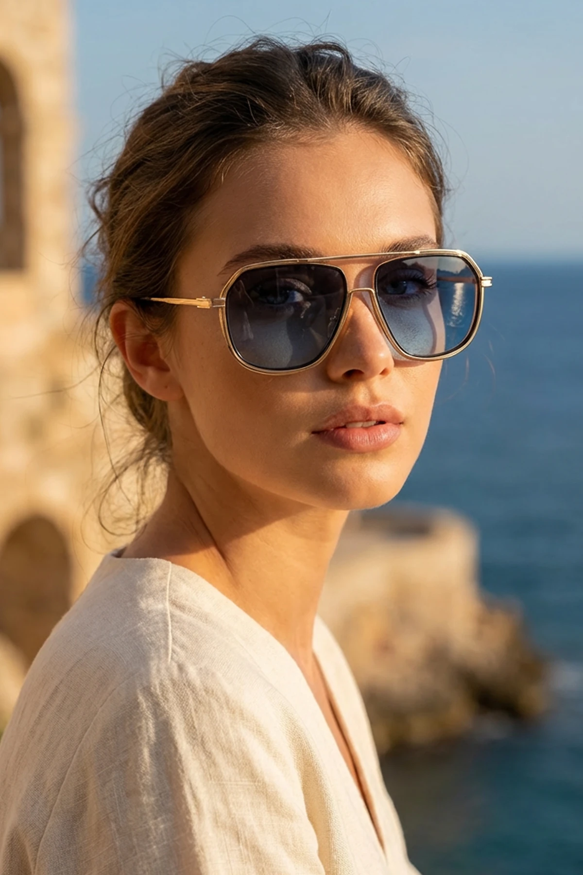 Oldia Metal Tasarım Büyük Güneş Gözlüğü - Altın Mavi