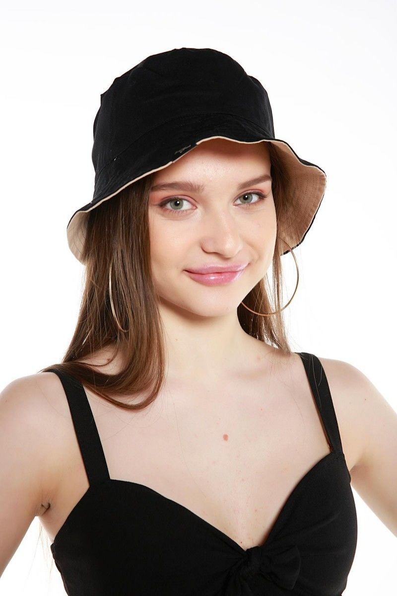 Çift Taraflı Kumaş Yuvarlak Bucket Şapka - Siyah / Bej