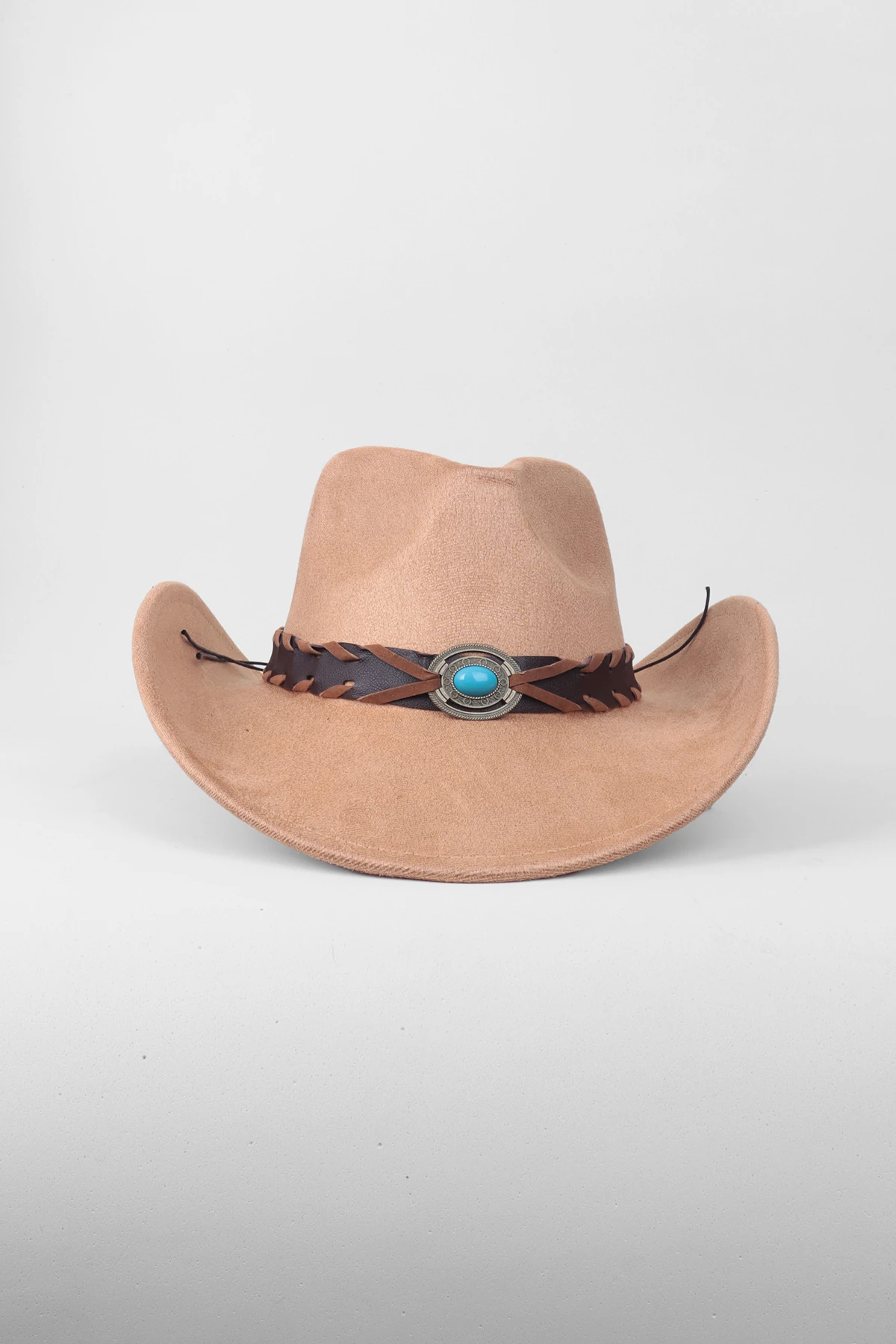 Kovboy Deri Kemer Detaylı Taş Figürlü Fötr Şapka - Camel