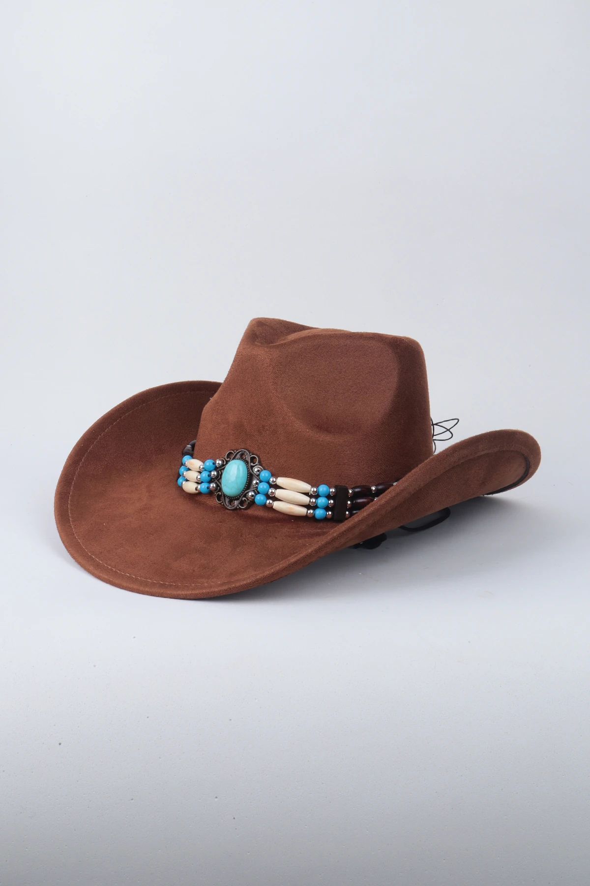 Kovboy Boncuk Kemer Detaylı Taş Figürlü Fötr Şapka - Kahve