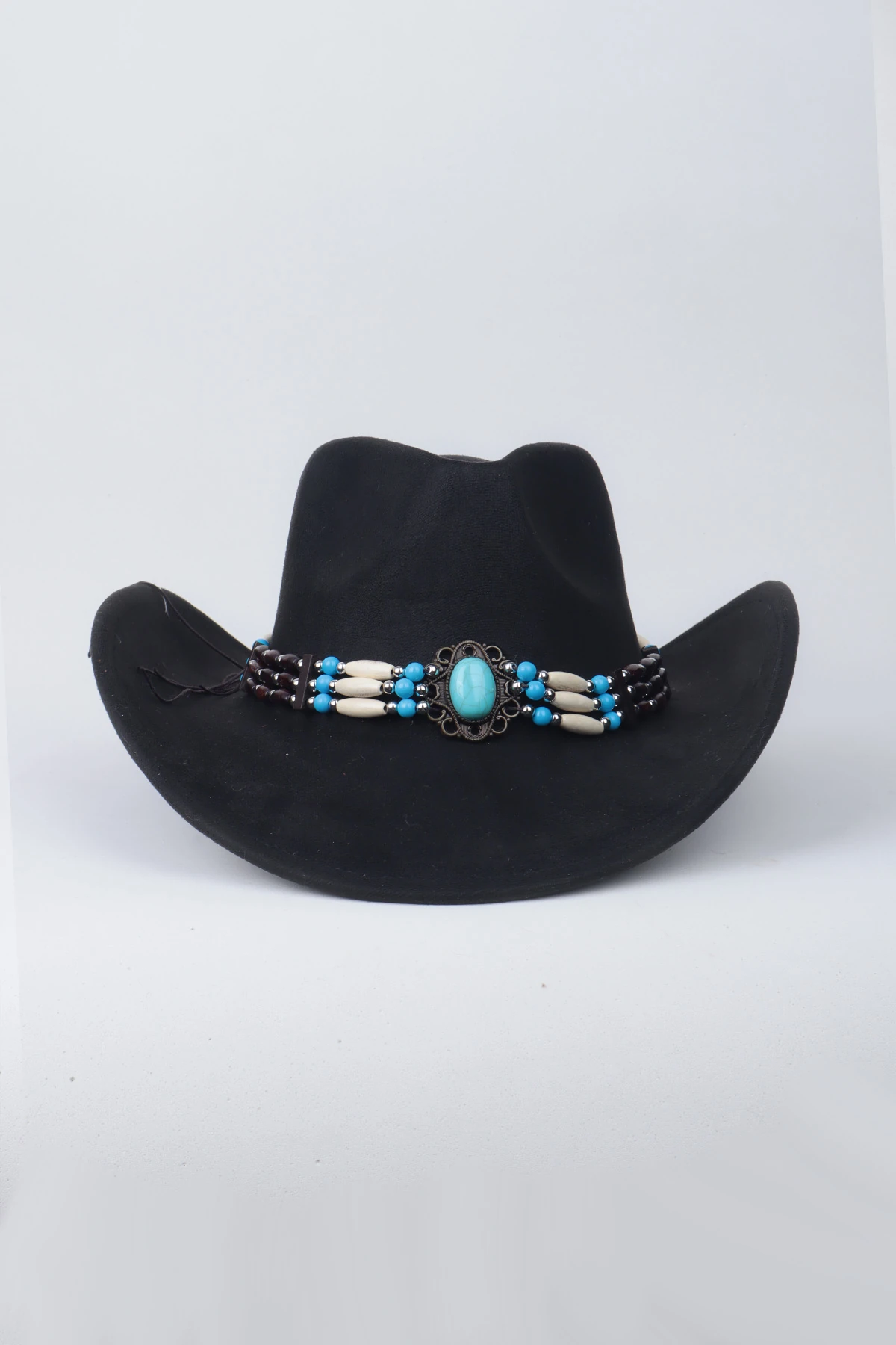 Kovboy Boncuk Kemer Detaylı Taş Figürlü Fötr Şapka - Siyah