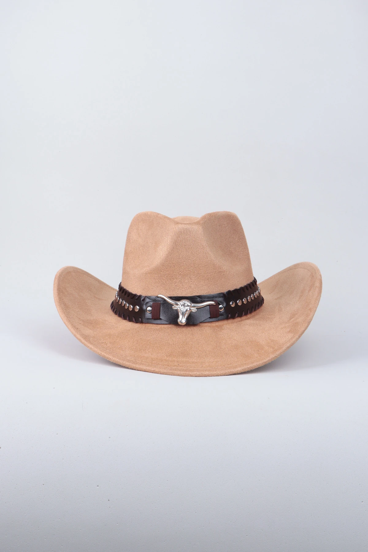Kovboy Boğa Kemer Detaylı Taş Figürlü Fötr Şapka - Bej