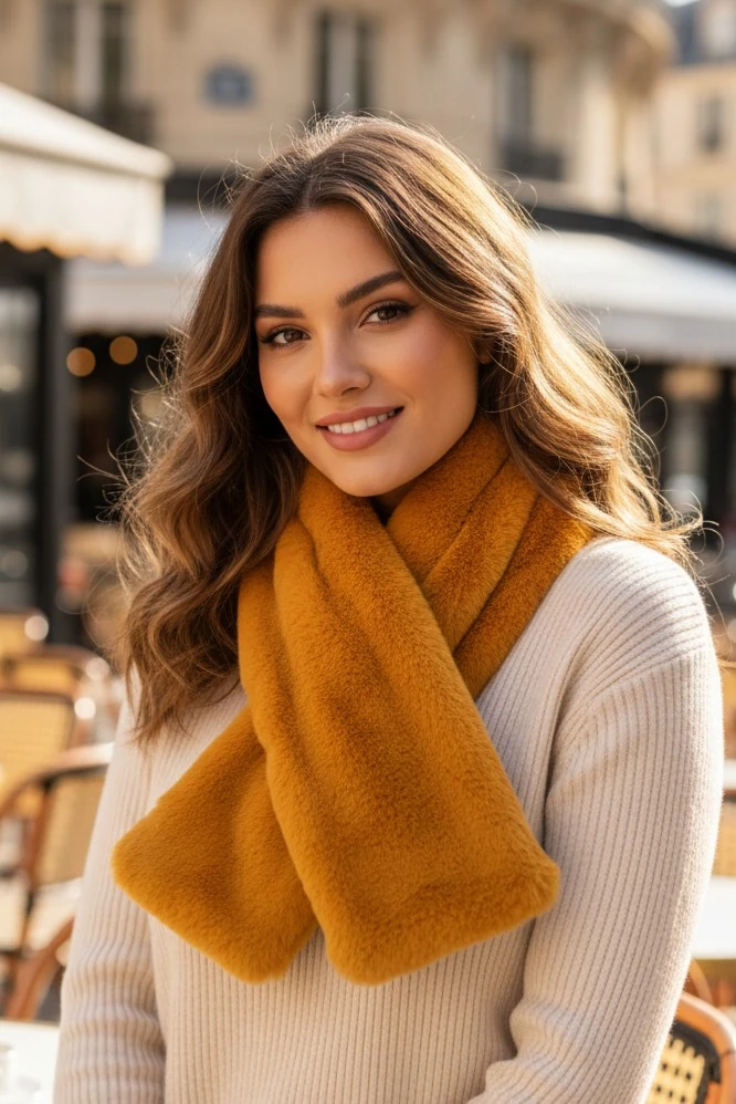 Hardal Suni Kürk Peluş Kaşkol Boyunluk Atkı