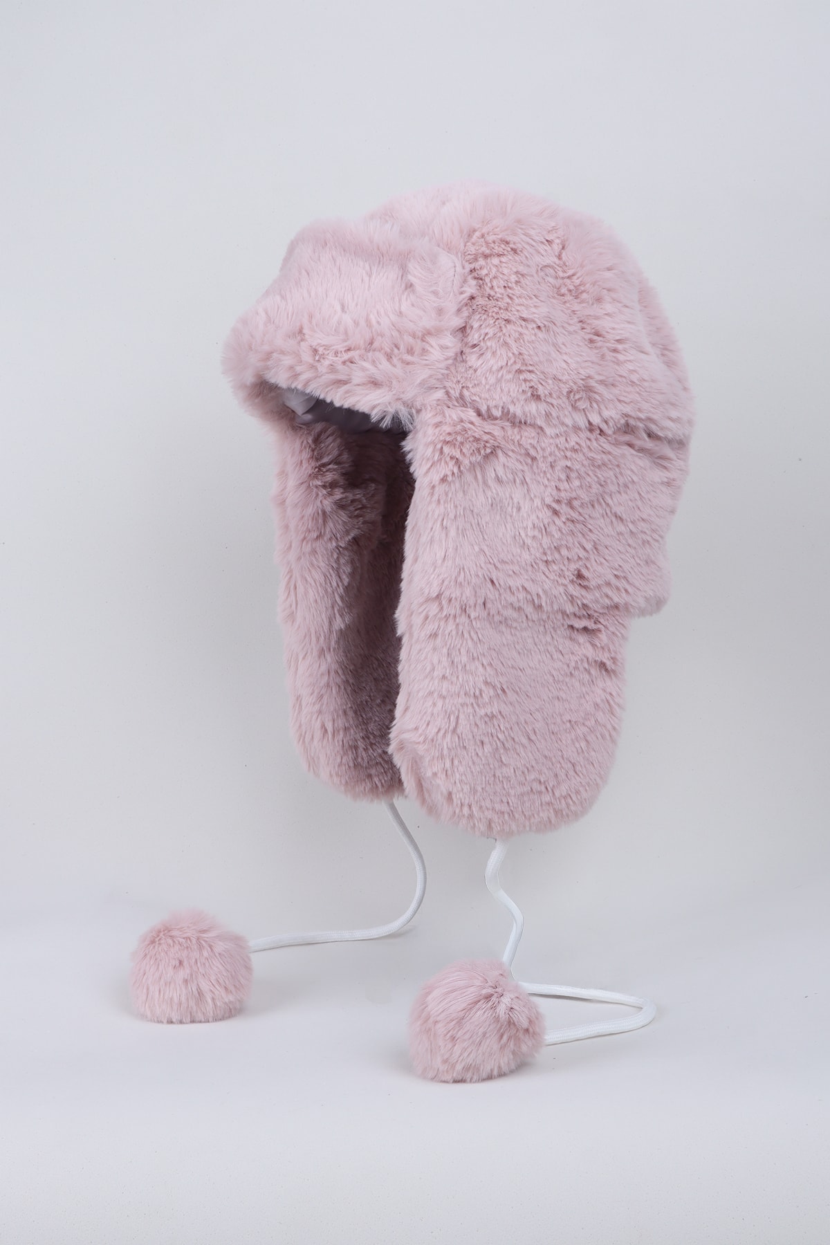 Suni Kürk Peluş Kulaklı Ponpon Detaylı Şapka - Pembe