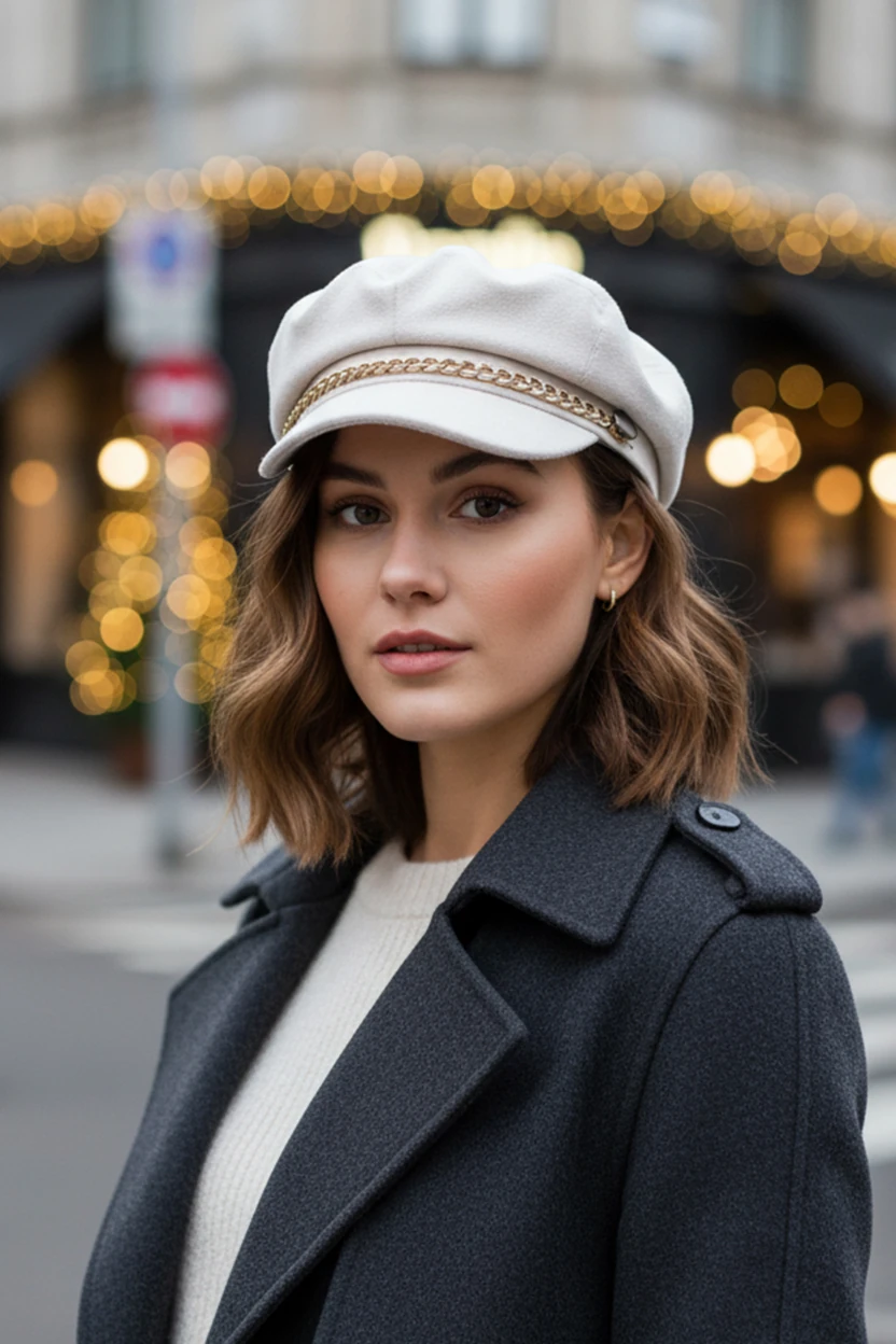 Zincir Detaylı Kaşe Kadın Balon Kasket Şapka - Ekru