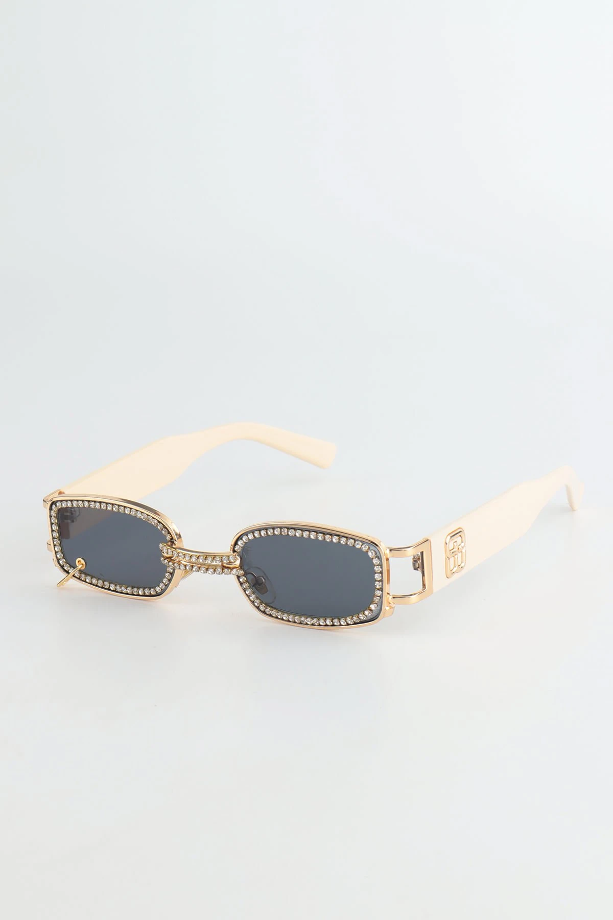 Kristal Taşlı Minimal Küpeli Güneş Gözlüğü - Bej