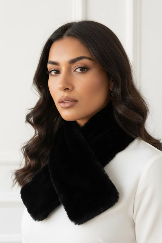 Siyah Suni Kürk Peluş Kaşkol Boyunluk Atkı