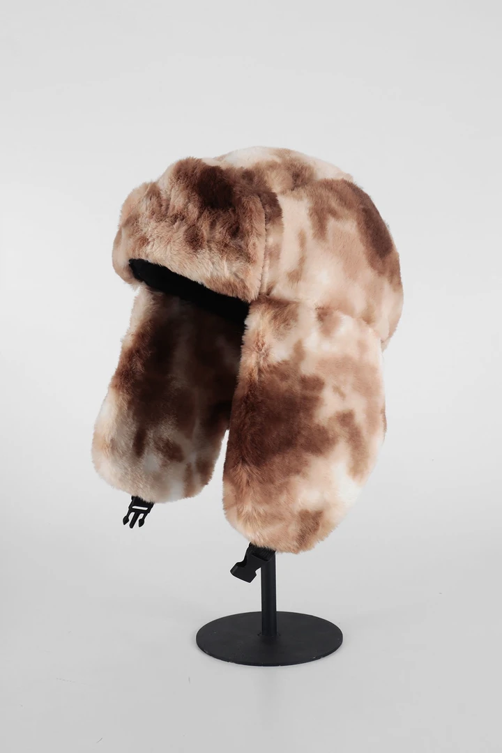 Batik Kahve Suni Kürk Peluş Şapka - Kulaklı Pliot Şapka
